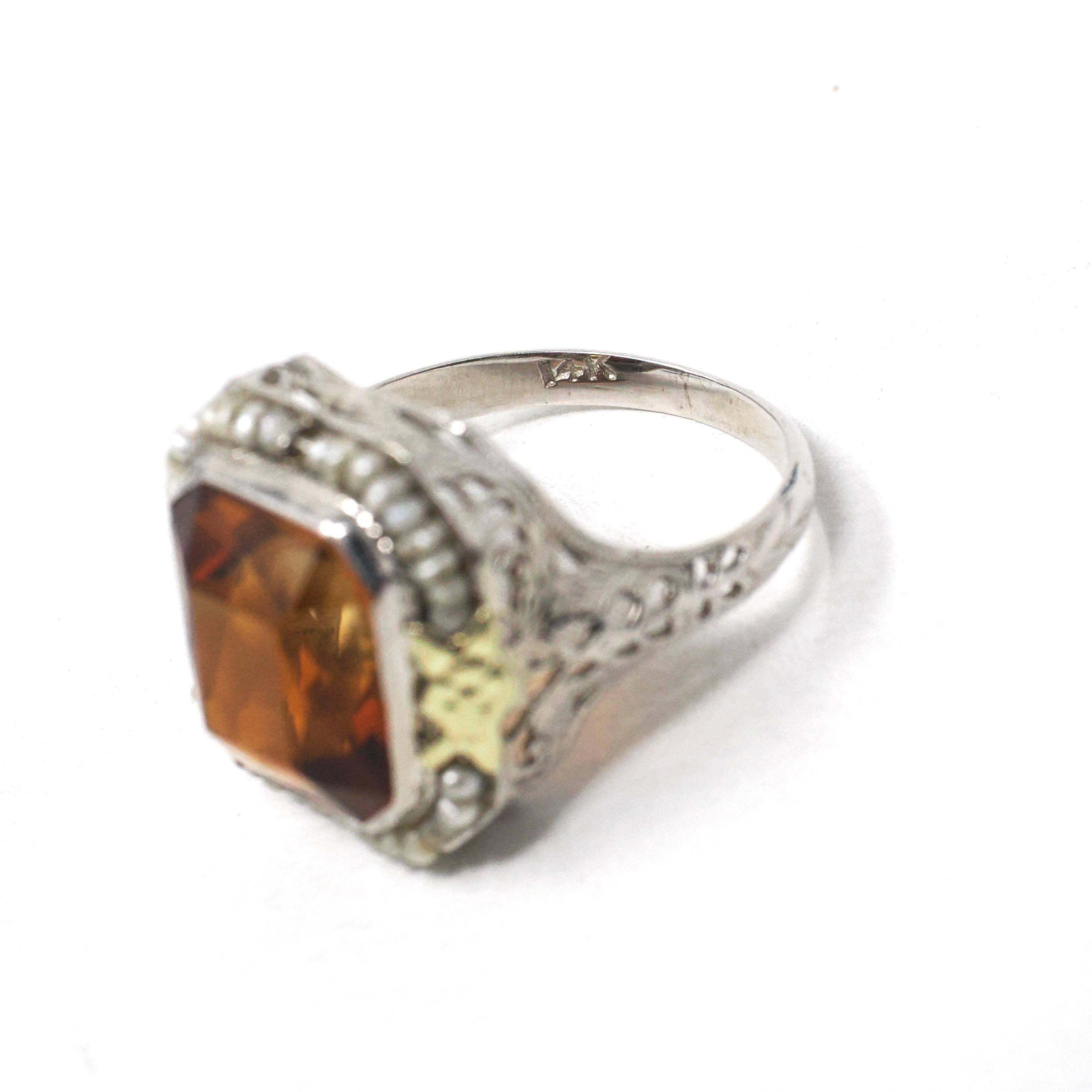 Art Deco Citrine Ring - Vintage 14k White Gold Natural Orange Gemstone Seed Pearl Halo - Circa 1930s Era Size 6 1/4 Cocktail Fine Jewelry