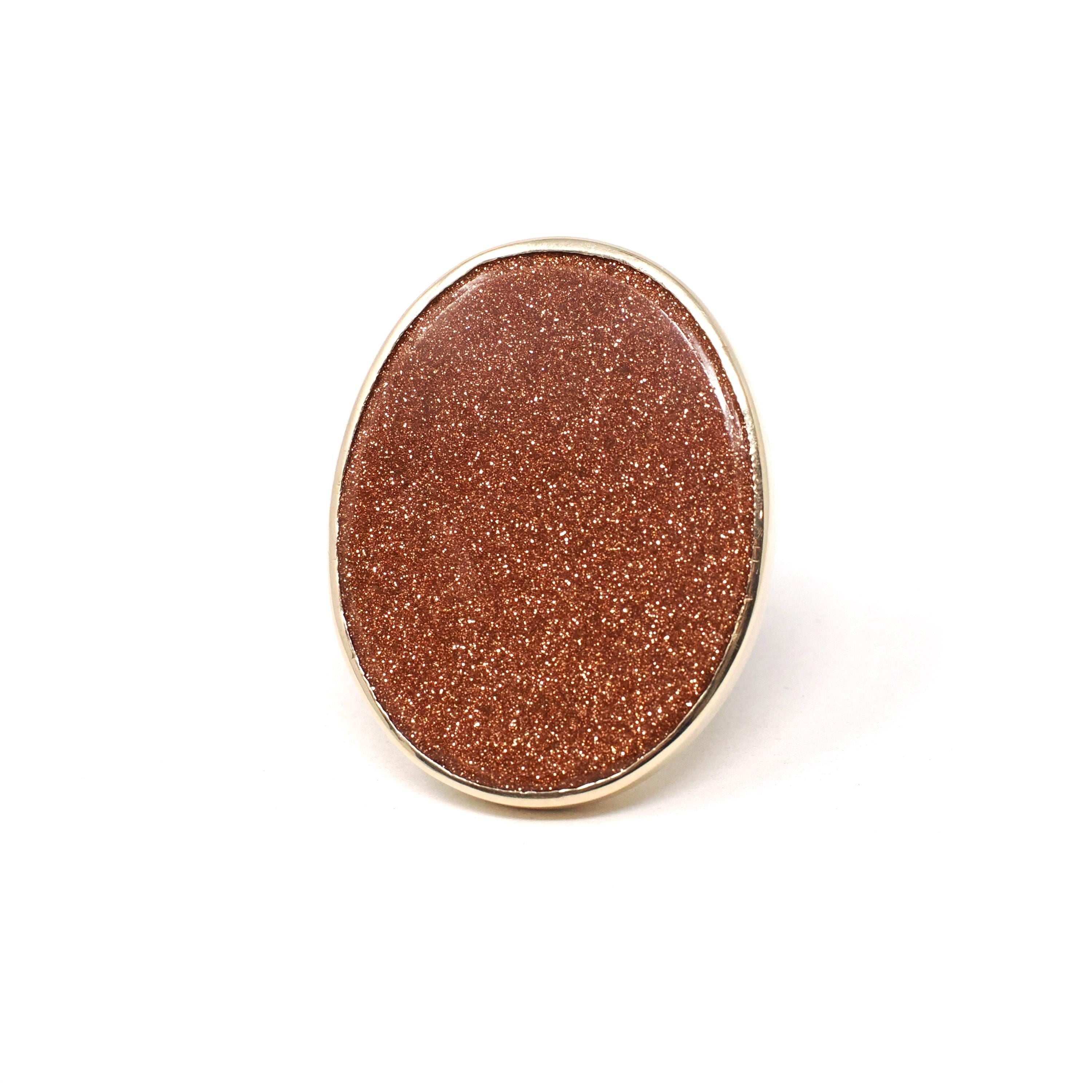 Retro Goldstone Ring - Vintage 10k Yellow Gold Bezel Set Oval Glittering Orange Solitaire Statement - Circa 1960s Era Size 6.25 Fine Jewelry