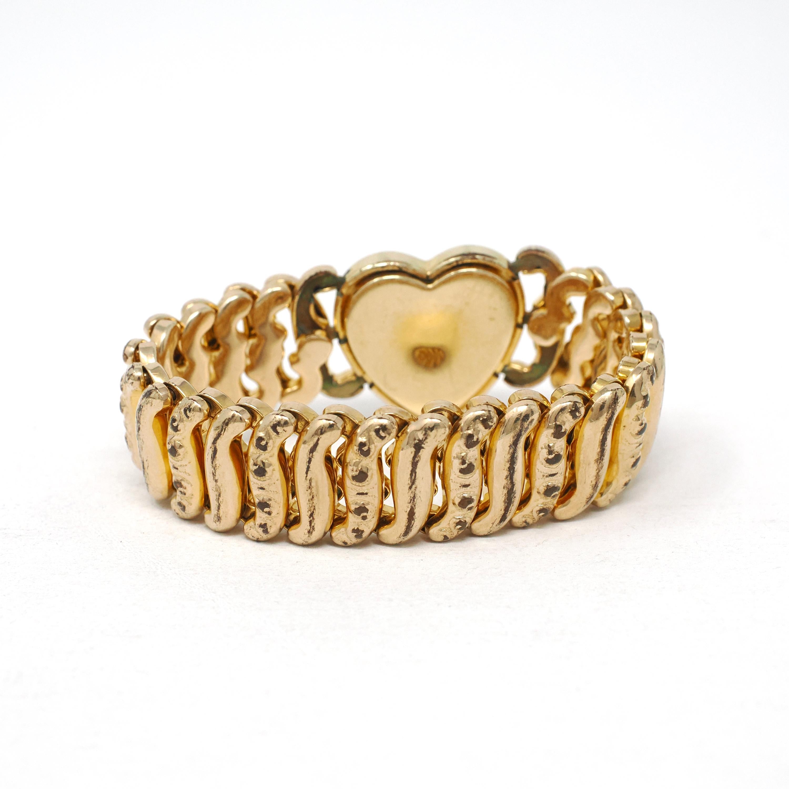 Vintage Expansion Bracelet - Mid Century Gold Filled Heart Engraved Flower Stretch - Circa 1940s Era American Queen Pitman & Keeler Jewelry