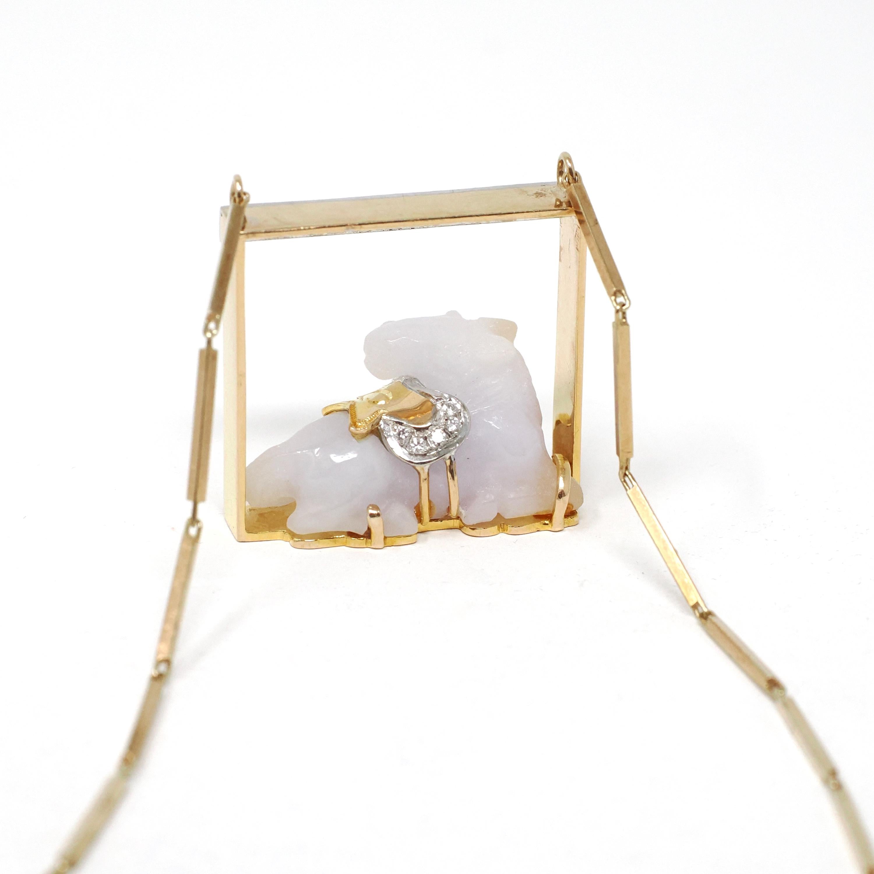 Vintage Horse Necklace - Retro 14k Yellow Gold Natural Jadeite Jade Figural Pendant - Circa 1970's Era Diamond Accented Animal Fine Jewelry