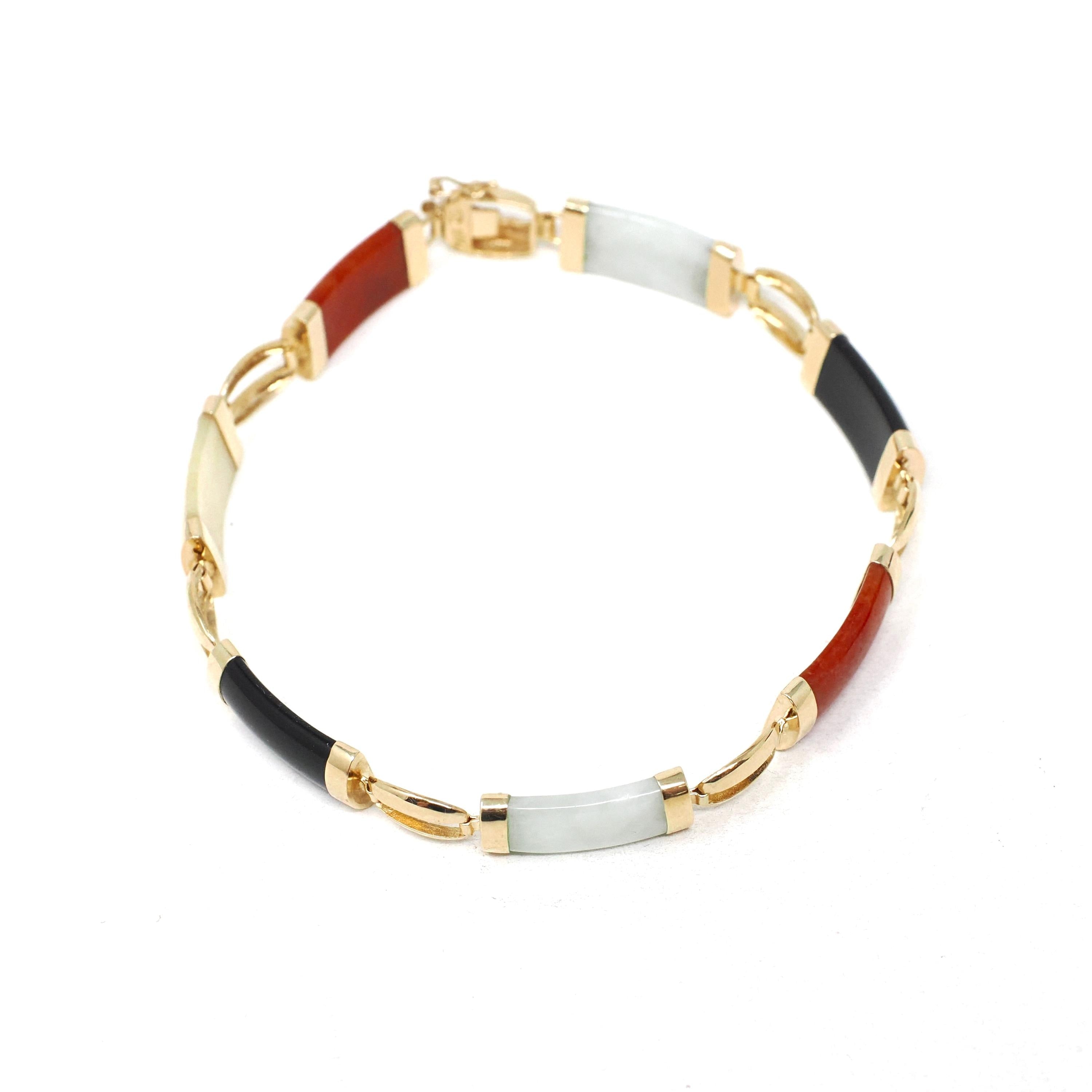 Multi Gemstone Bracelet - Modern Estate 14k Yellow Gold Jadeite & Black Chalcedony - Circa 1990s Era 7.5 Inches Fine Statement Jewelry