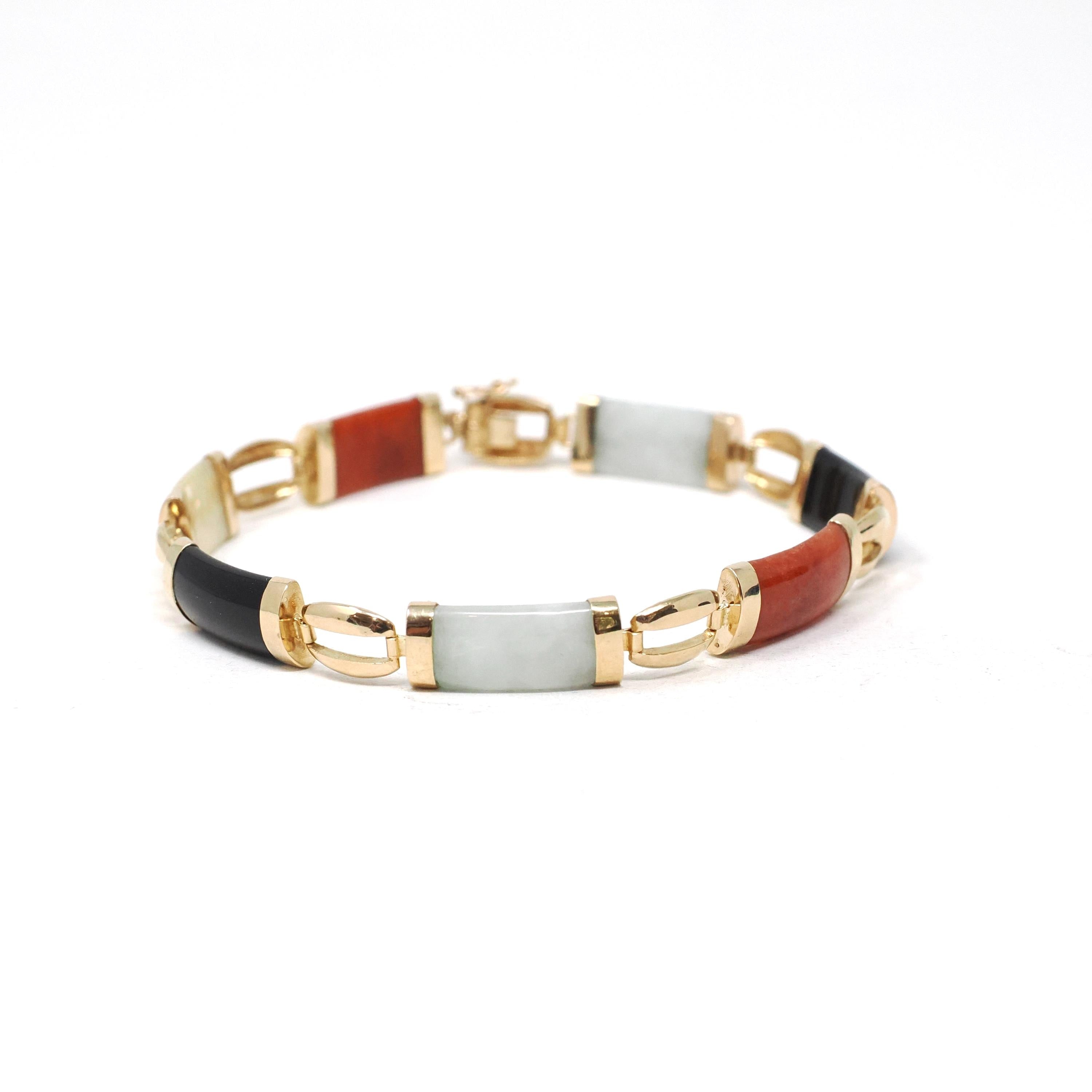 Multi Gemstone Bracelet - Modern Estate 14k Yellow Gold Jadeite & Black Chalcedony - Circa 1990s Era 7.5 Inches Fine Statement Jewelry