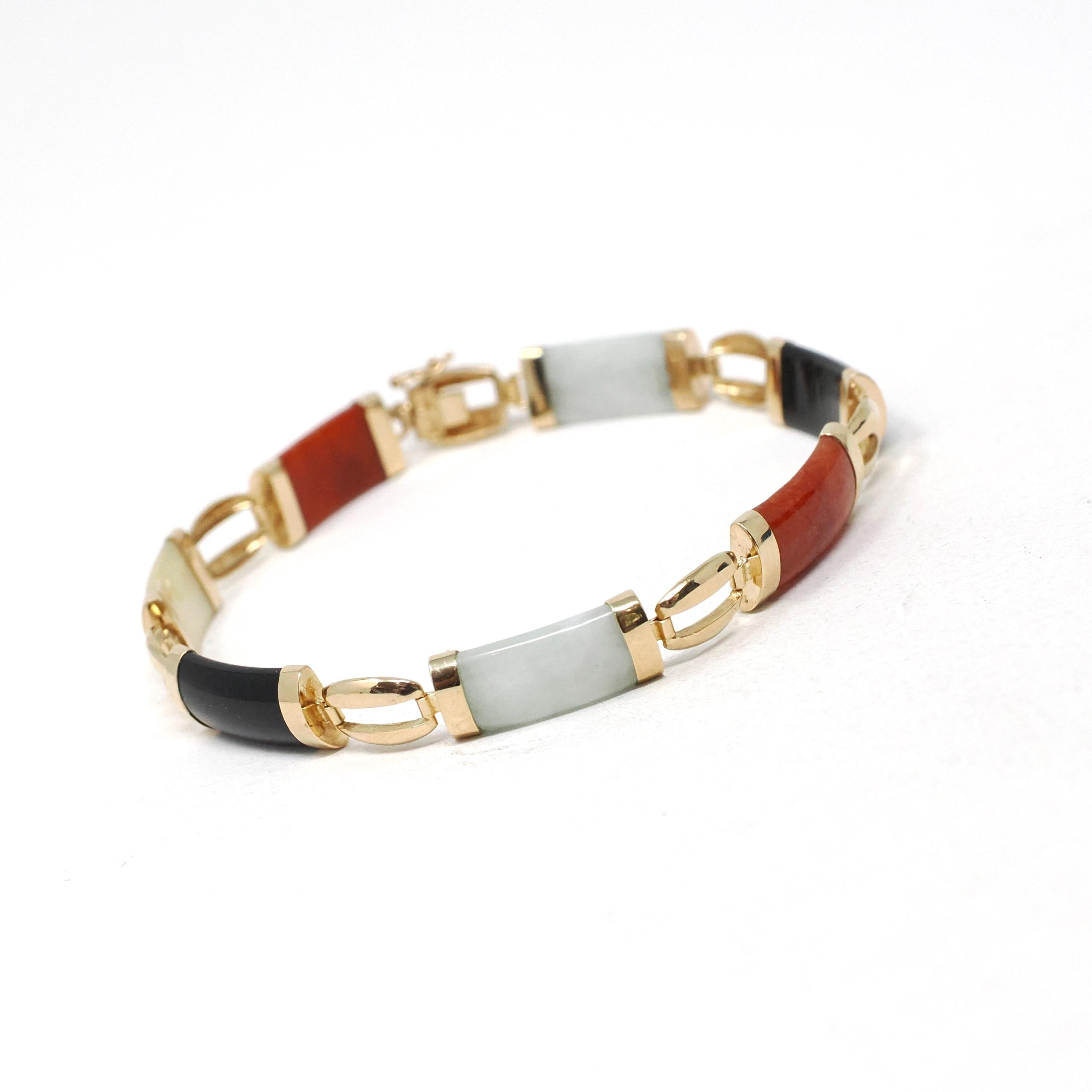 Multi Gemstone Bracelet - Modern Estate 14k Yellow Gold Jadeite & Black Chalcedony - Circa 1990s Era 7.5 Inches Fine Statement Jewelry