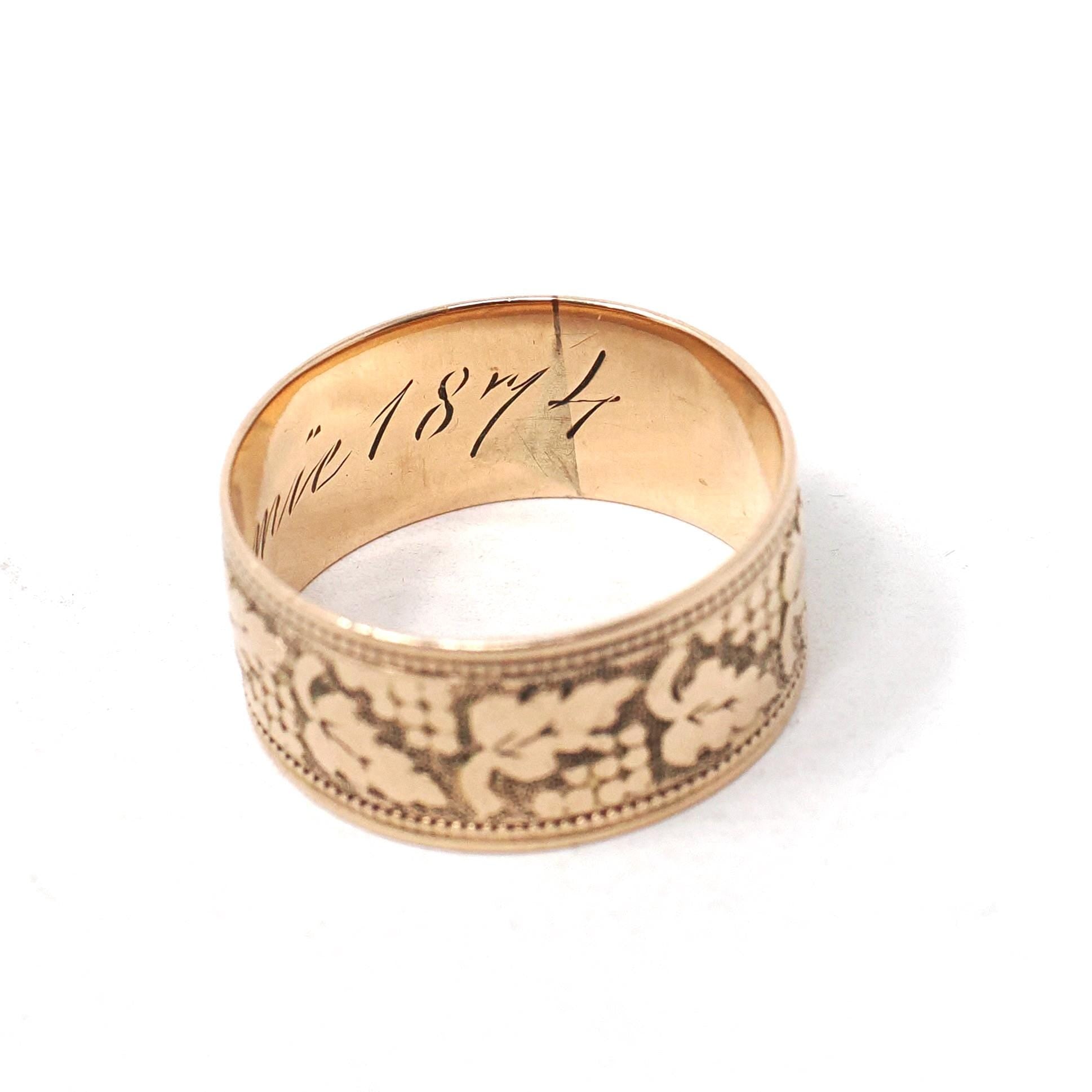 Antique Cigar Band - Victorian Era 10k Rose Gold Engraved Dot & Leaf Designs Ring - Dated 1874 Size 5 1/2 Unisex Wide Wedding Fine Jewelry