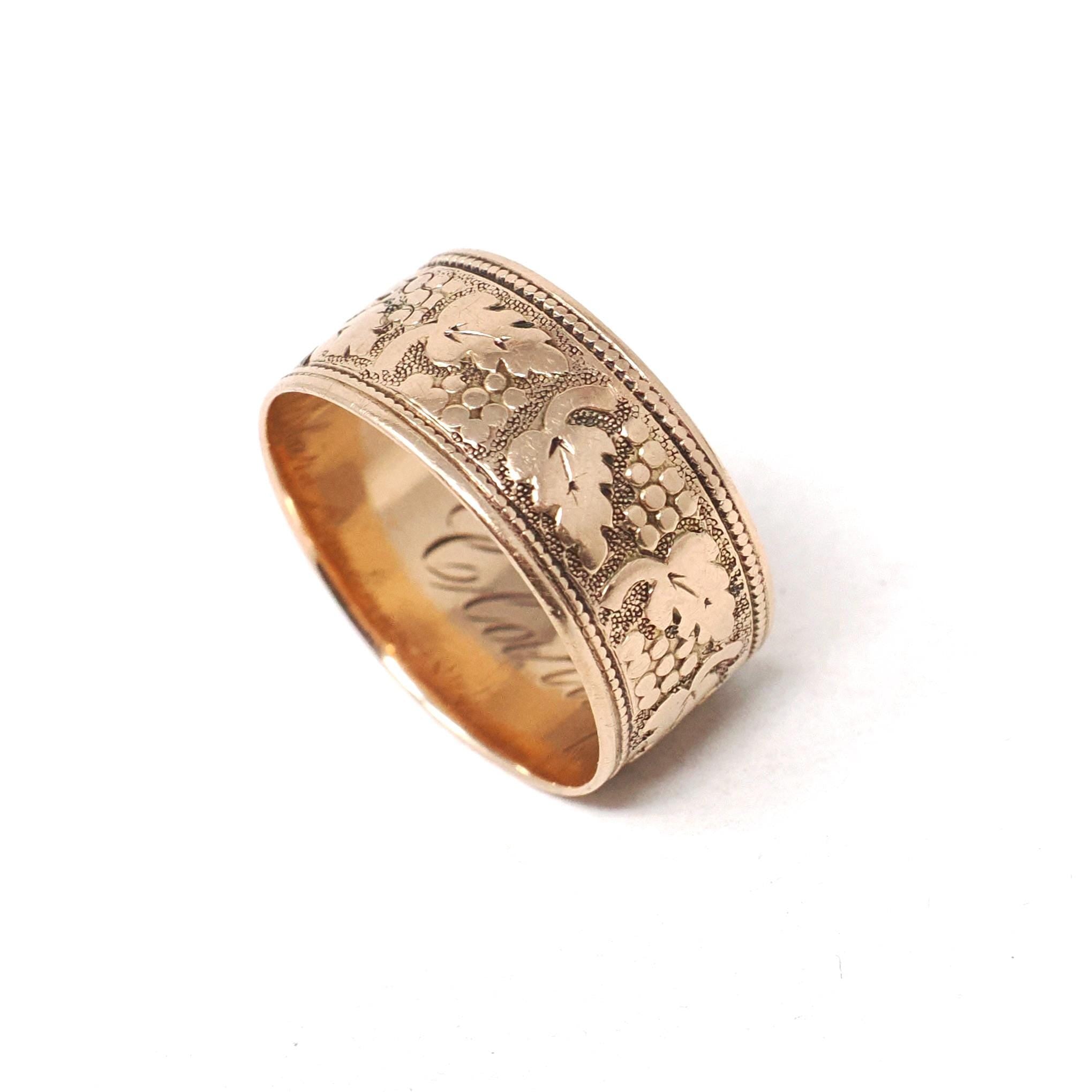 Antique Cigar Band - Victorian Era 10k Rose Gold Engraved Dot & Leaf Designs Ring - Dated 1874 Size 5 1/2 Unisex Wide Wedding Fine Jewelry