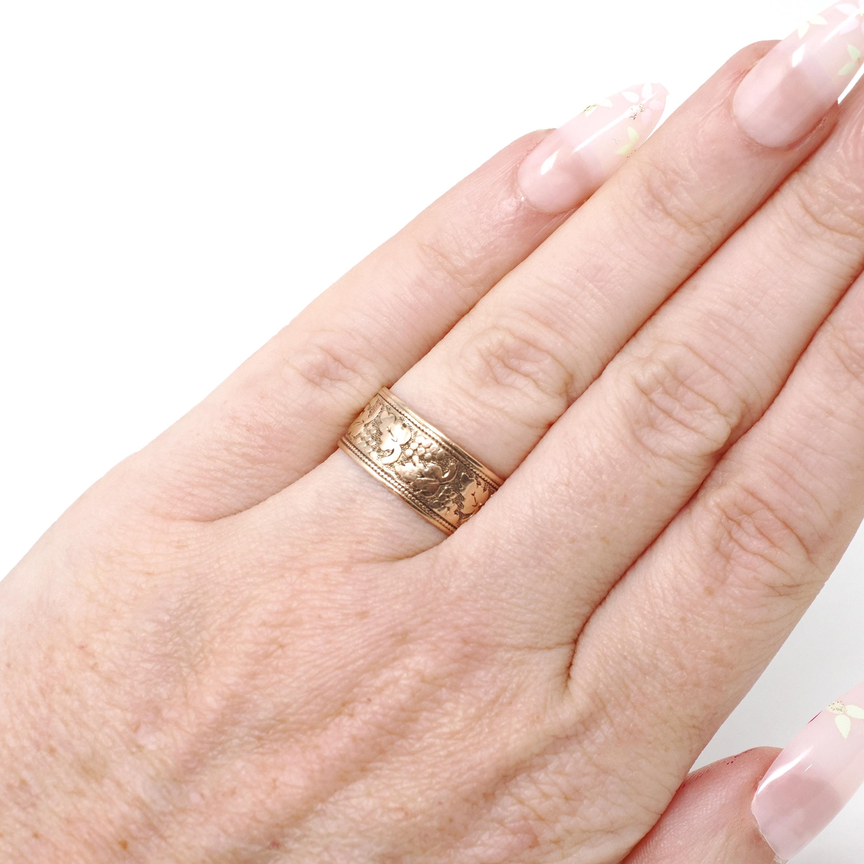 Antique Cigar Band - Victorian Era 10k Rose Gold Engraved Dot & Leaf Designs Ring - Dated 1874 Size 5 1/2 Unisex Wide Wedding Fine Jewelry