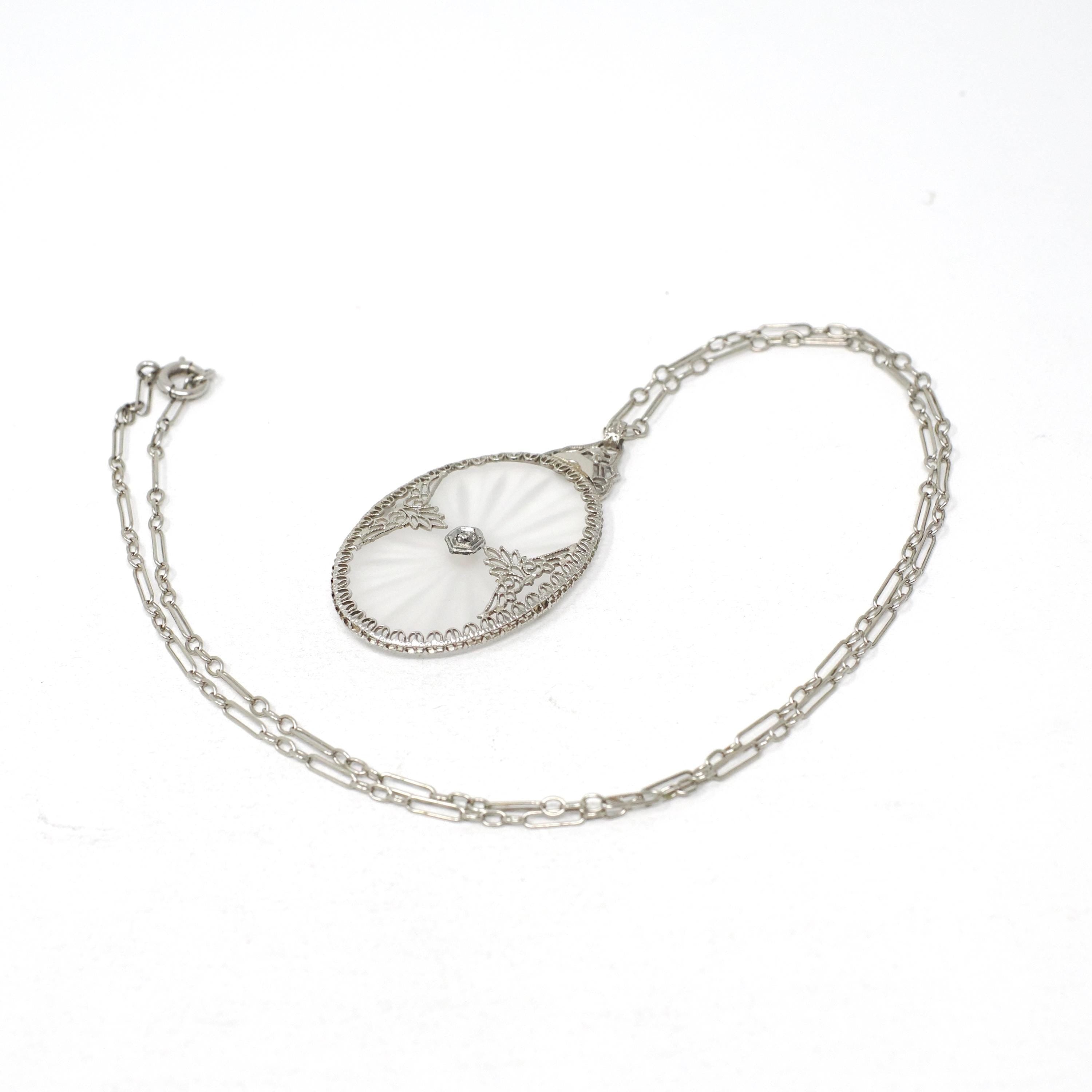 Rock Crystal Quartz Necklace - Art Deco 14k White Gold Oval Natural Diamond Pendant - Antique Circa 1930s Statement Filigree Fine Jewelry