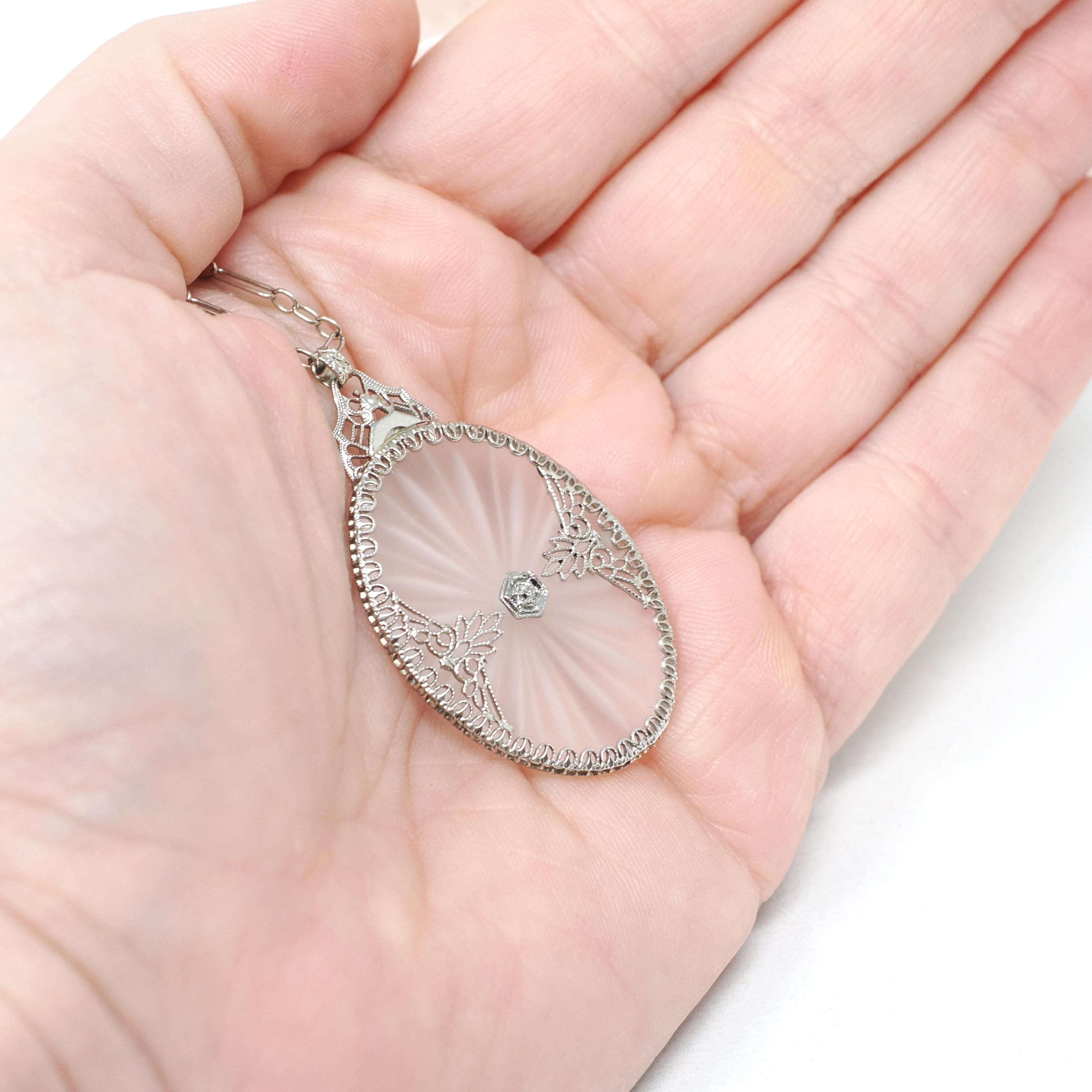 Rock Crystal Quartz Necklace - Art Deco 14k White Gold Oval Natural Diamond Pendant - Antique Circa 1930s Statement Filigree Fine Jewelry