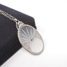 Rock Crystal Quartz Necklace - Art Deco 14k White Gold Oval Natural Diamond Pendant - Antique Circa 1930s Statement Filigree Fine Jewelry