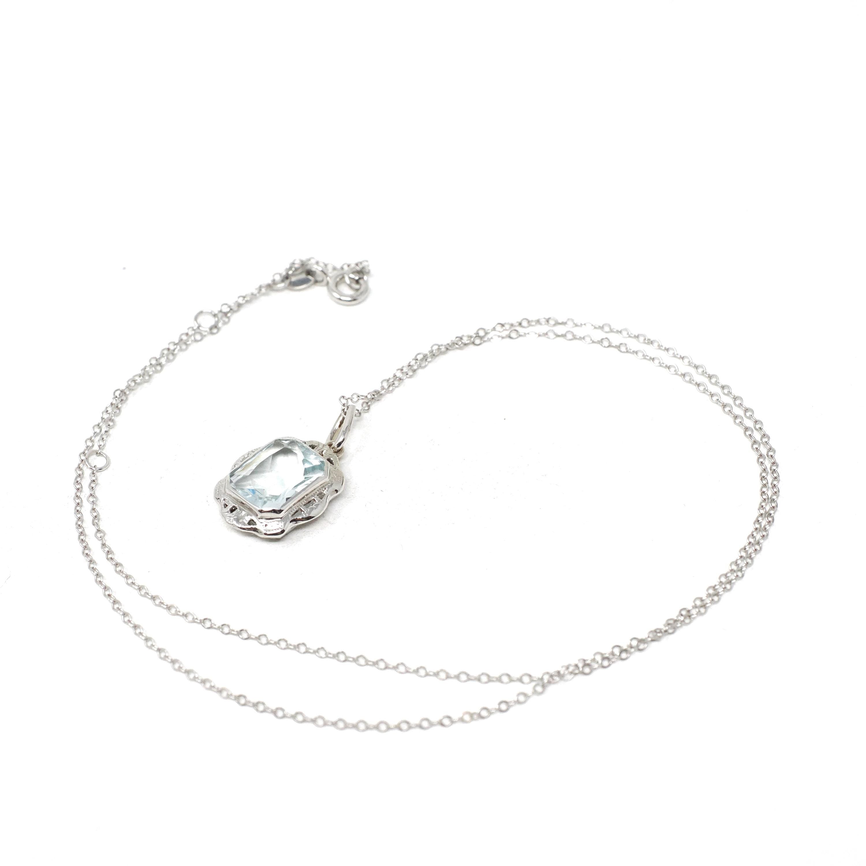 Vintage Aquamarine Pendant - Art Deco Era 10k White Gold Natural Blue Gem Conversion Charm Necklace - Circa 1930s Era Fine Filigree Jewelry