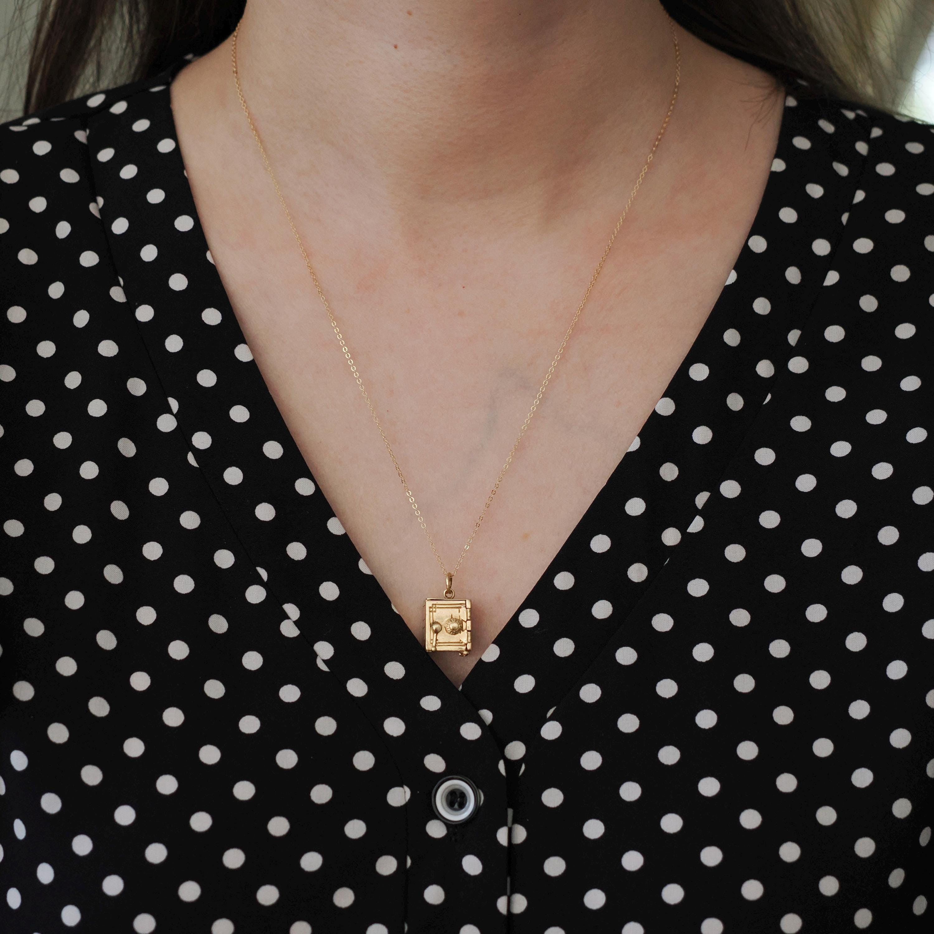 Money Safe Charm - Mid Century 14k Yellow Gold Pendant Vault Necklace - Vintage Circa 1950s Era Kinetic Moveable Handle Fine 50s Jewelry