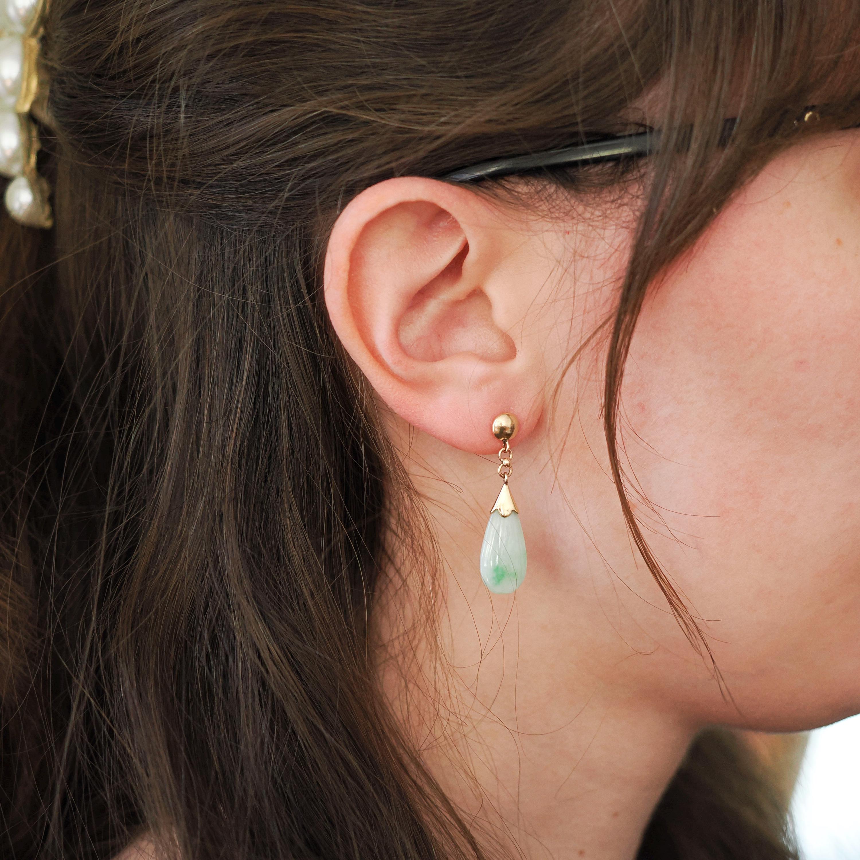 Jadeite Drop Earrings - Vintage 14k Yellow Gold Natural Teardrop Gem Drops - Light Green Circa 1960s Era Pierced Friction Post Fine Jewelry