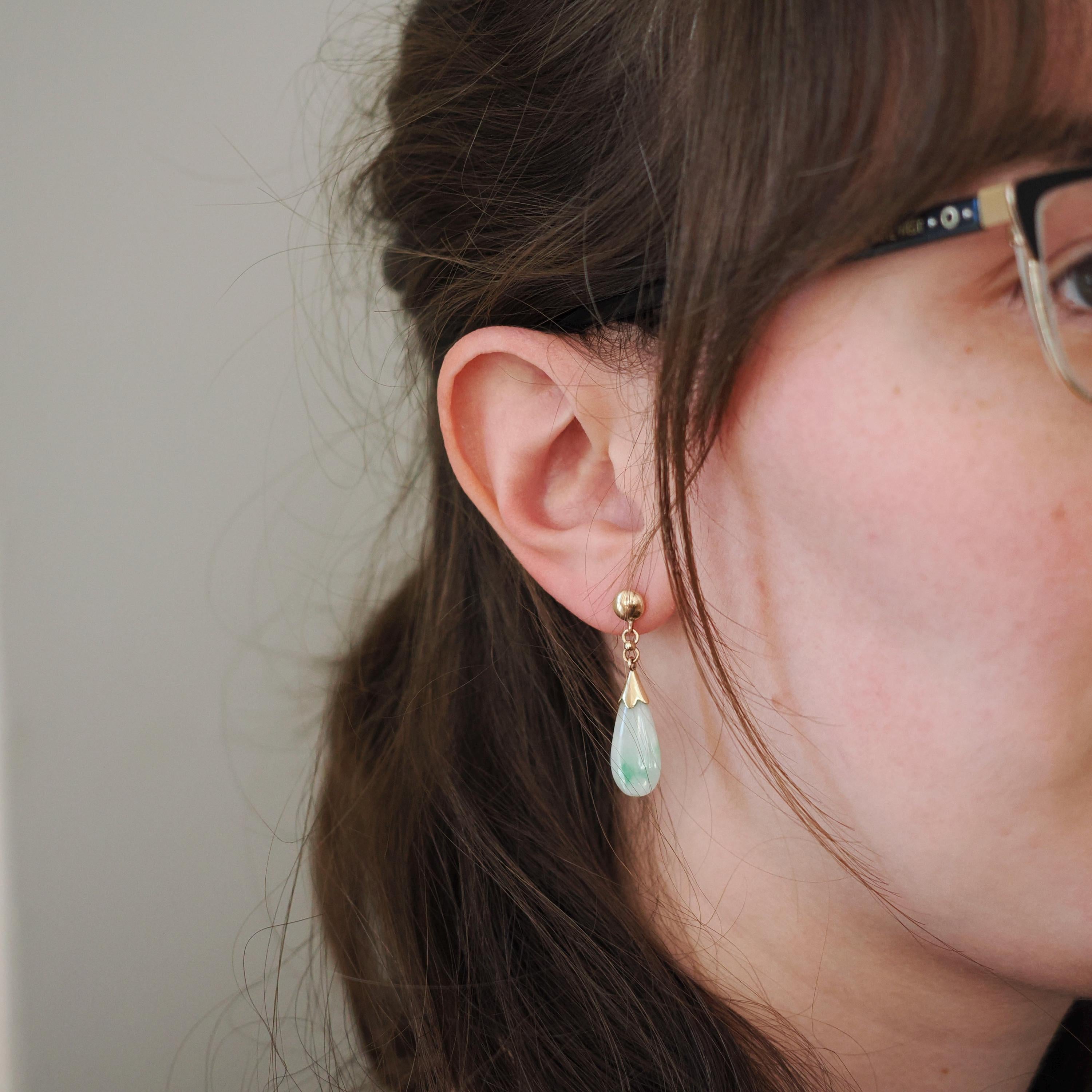 Jadeite Drop Earrings - Vintage 14k Yellow Gold Natural Teardrop Gem Drops - Light Green Circa 1960s Era Pierced Friction Post Fine Jewelry