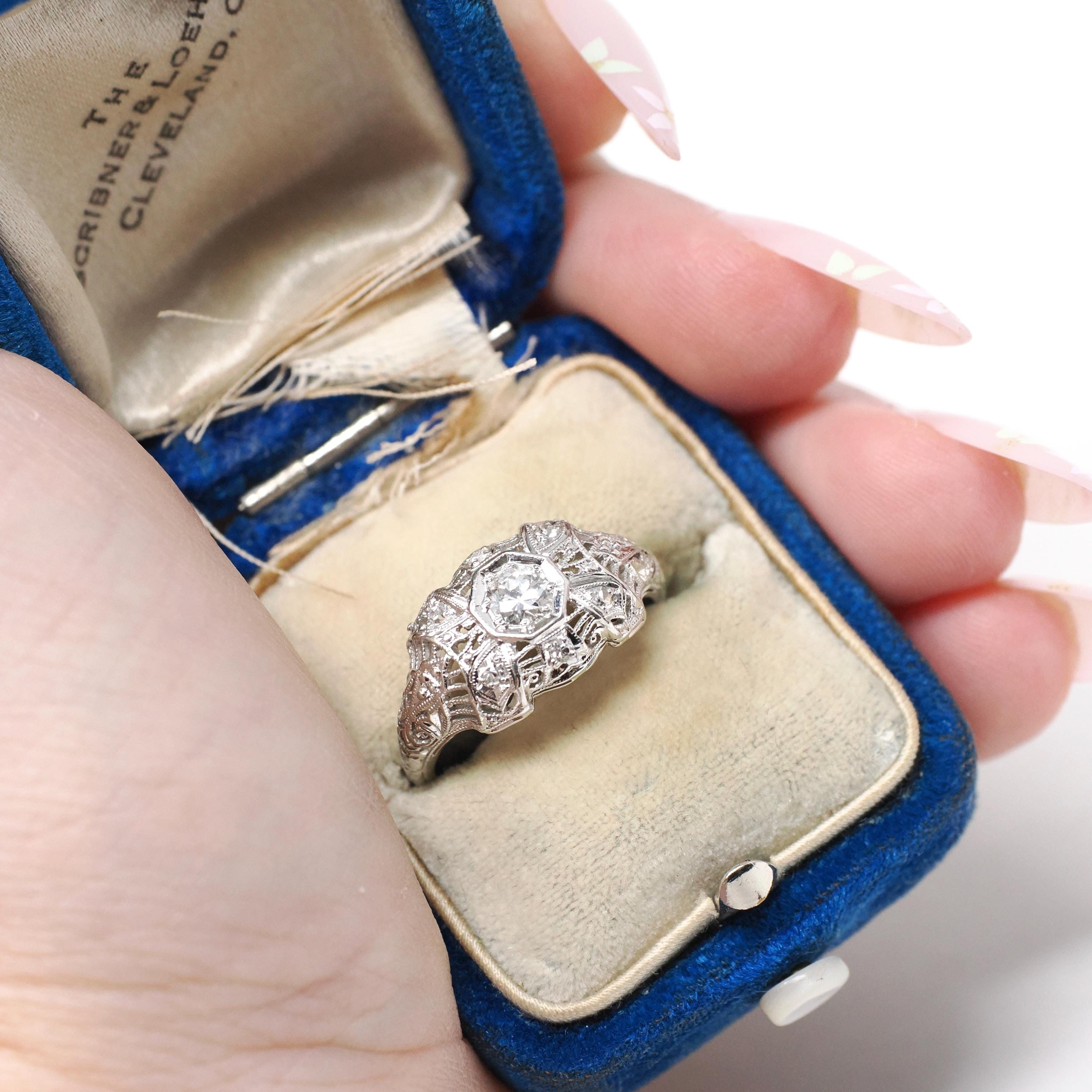 Art Deco Diamond Ring - Vintage 19k White Gold .25 CTW Filigree Engagement - Circa 1930s Era Bridal Size 5 3/4 Octagonal Fine Jewelry