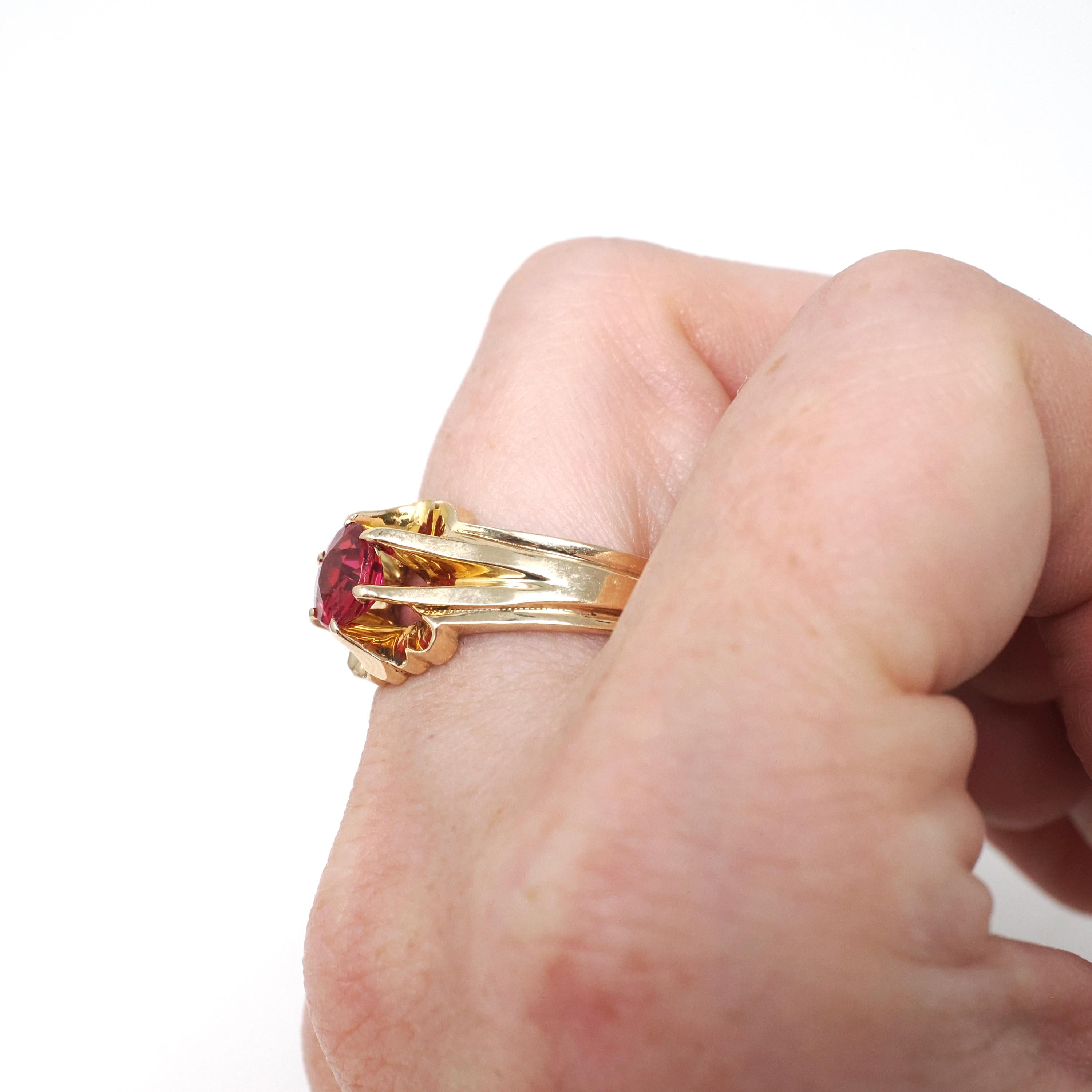 Garnet Doublet Ring - Mid Century 10k Yellow Gold Round Assembled Red Glass Stone - Vintage Circa 1940s Size 10 1/2 Belcher Style Jewelry