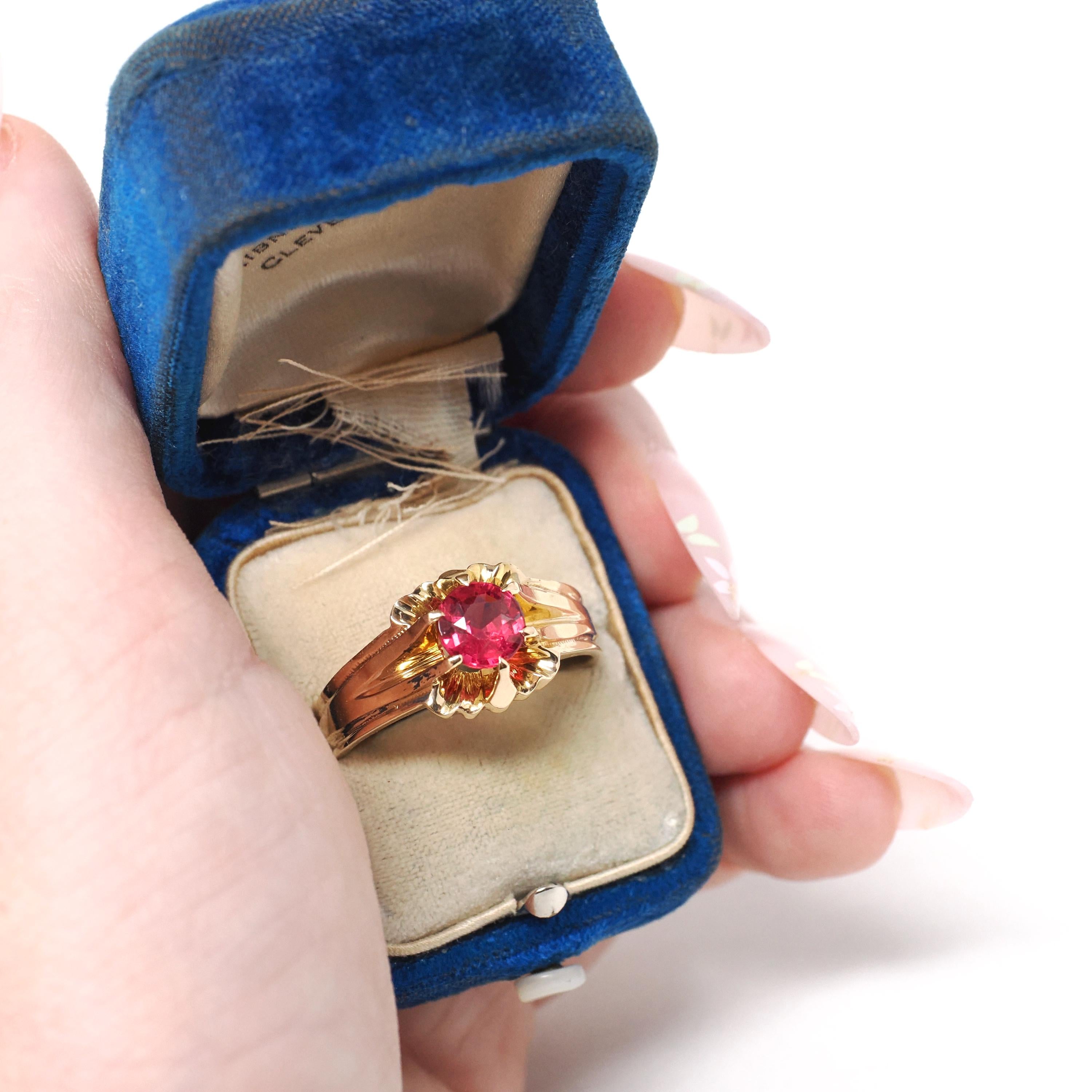 Garnet Doublet Ring - Mid Century 10k Yellow Gold Round Assembled Red Glass Stone - Vintage Circa 1940s Size 10 1/2 Belcher Style Jewelry