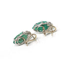 Carved Emerald Earrings - Art Deco Platinum & 14k White Gold Natural Leaf Gemstone Diamond Accent - Circa 1930's Fine May Birthstone Jewelry