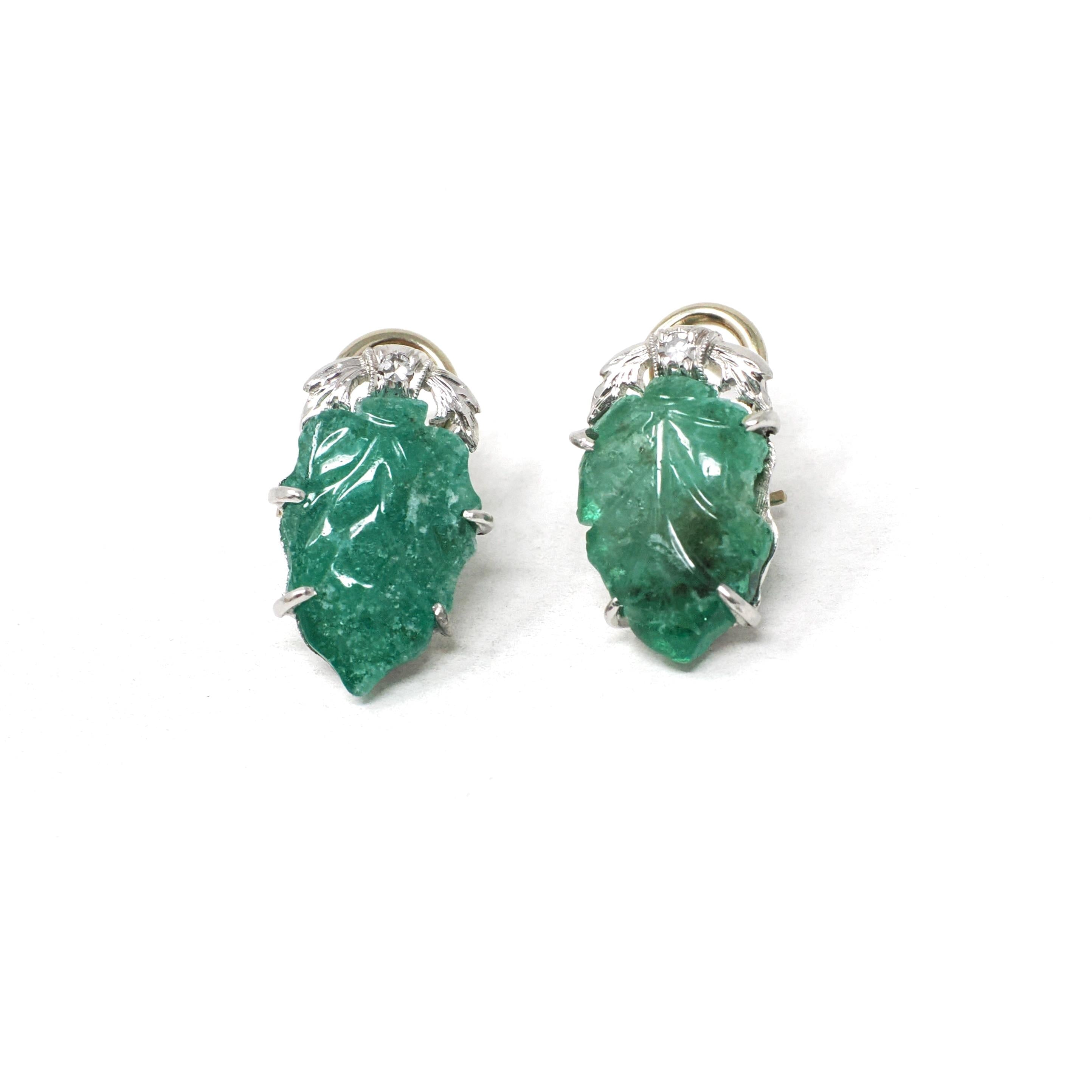 Carved Emerald Earrings - Art Deco Platinum & 14k White Gold Natural Leaf Gemstone Diamond Accent - Circa 1930's Fine May Birthstone Jewelry