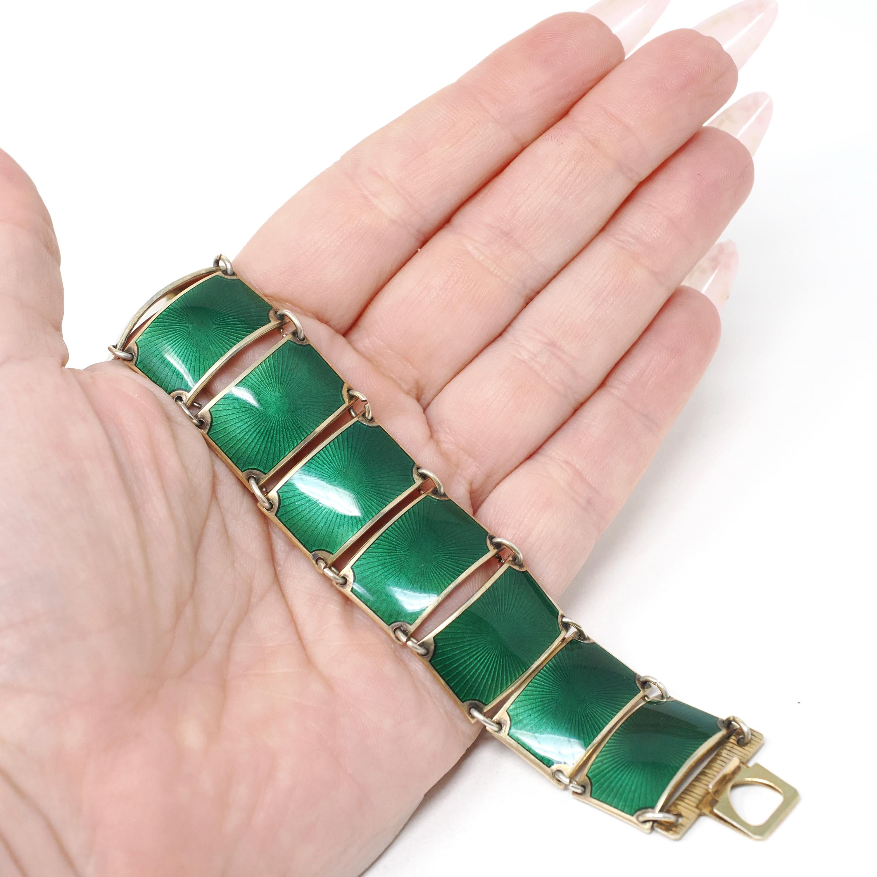 Guilloché Enamel Bracelet - Mid Century Sterling Silver Gold Wash Green Panels - Vintage Circa 1940s Era Statement Norway Norwegian Jewelry