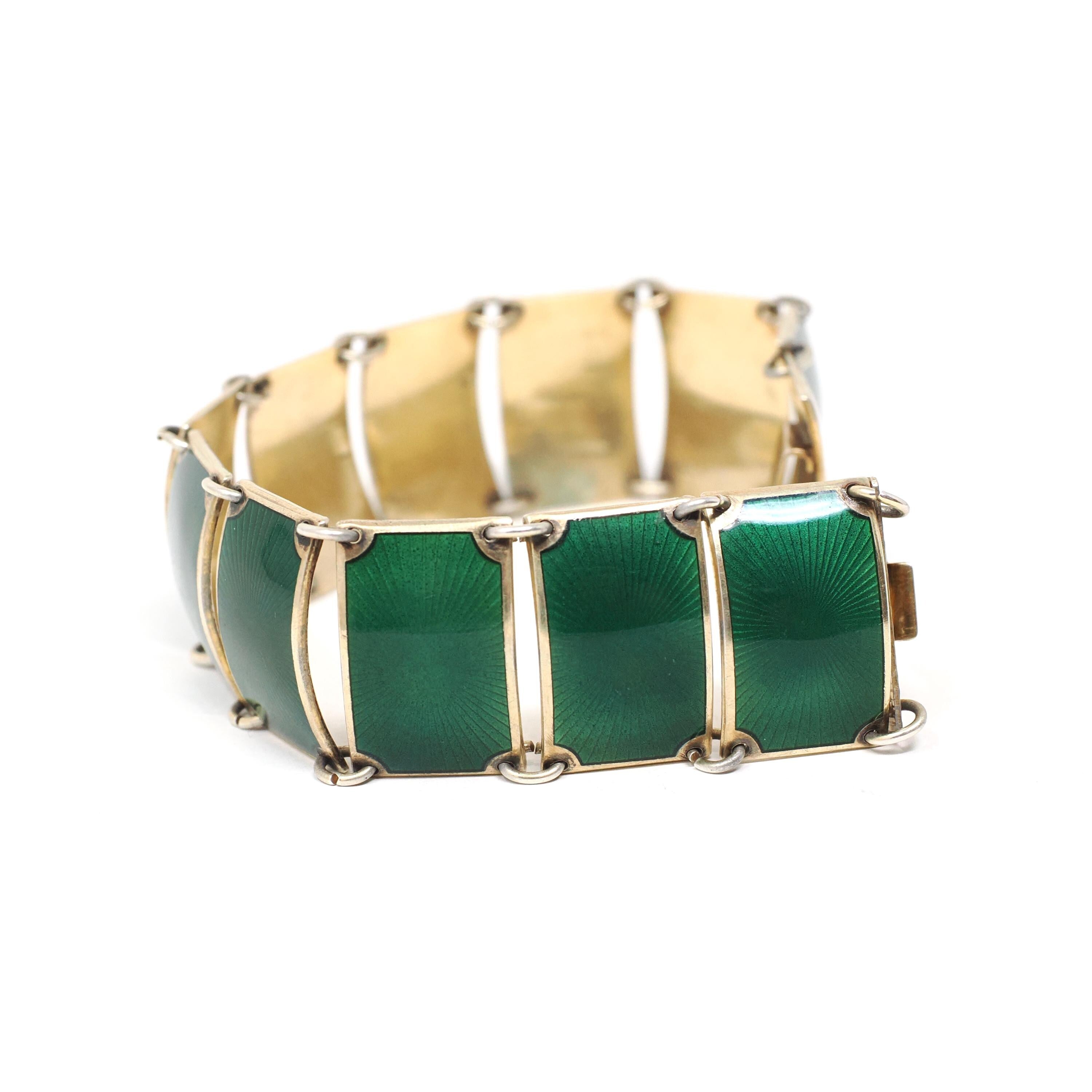 Guilloché Enamel Bracelet - Mid Century Sterling Silver Gold Wash Green Panels - Vintage Circa 1940s Era Statement Norway Norwegian Jewelry