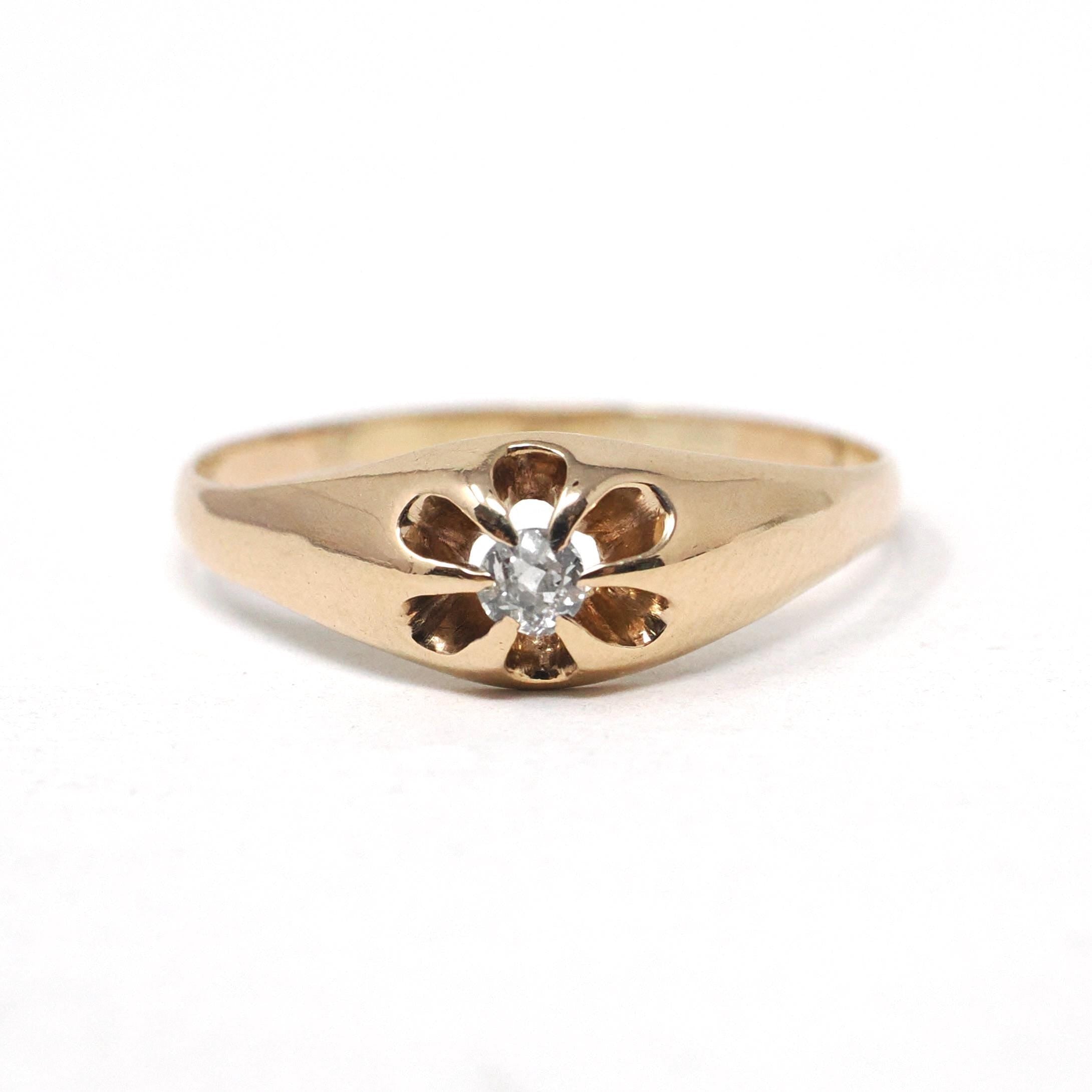 Antique Diamond Ring - Edwardian 14k Yellow Gold Old Mine Cut Belcher Prong Engagement - Circa 1910s Size 7.5 Solitaire Bridal Fine Jewelry