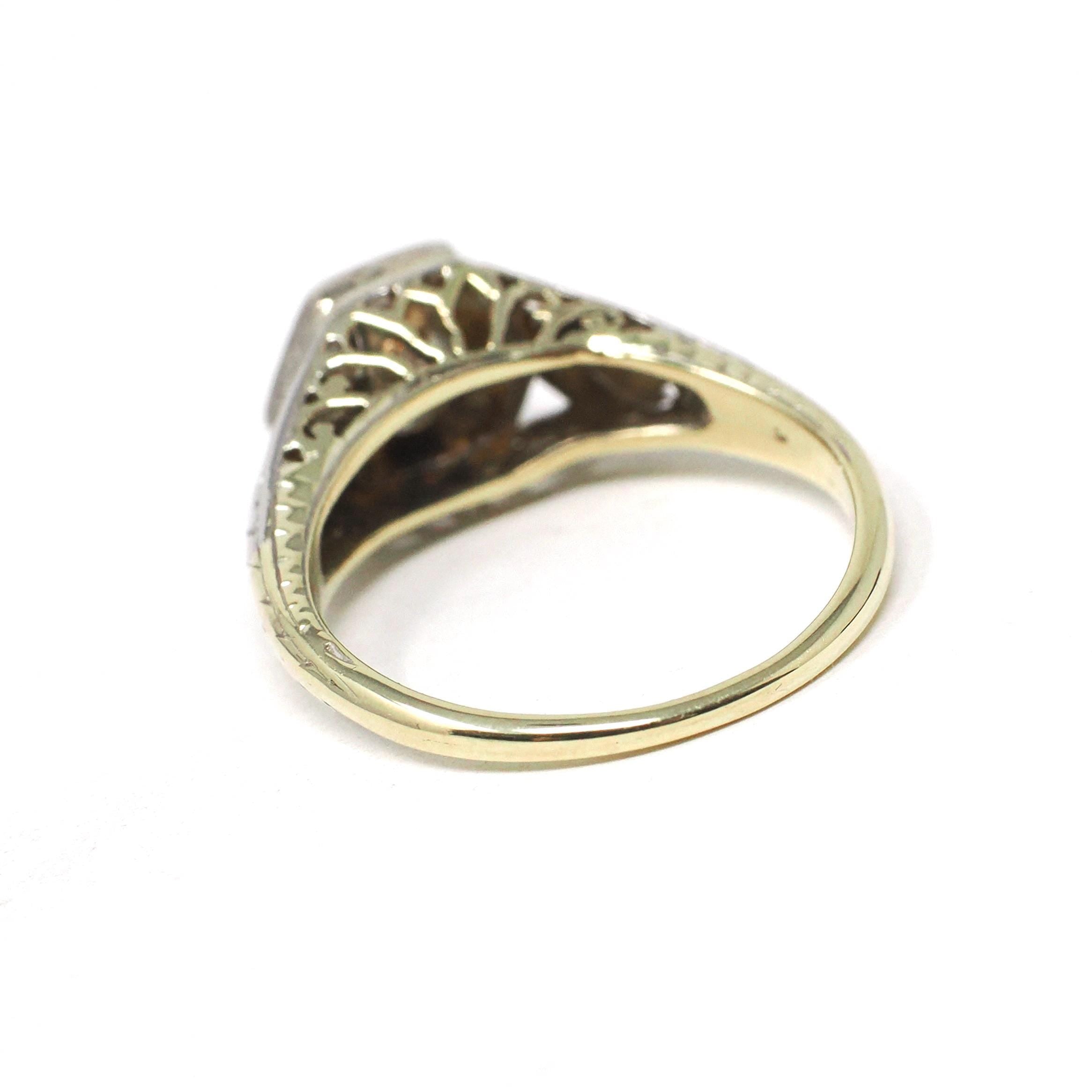Art Deco Diamond Ring - Antique 14k Yellow White & Yellow Gold .25 CT Old Euro Hex Filigree Solitaire - Circa 1930s Size 3 3/4 Fine Jewelry