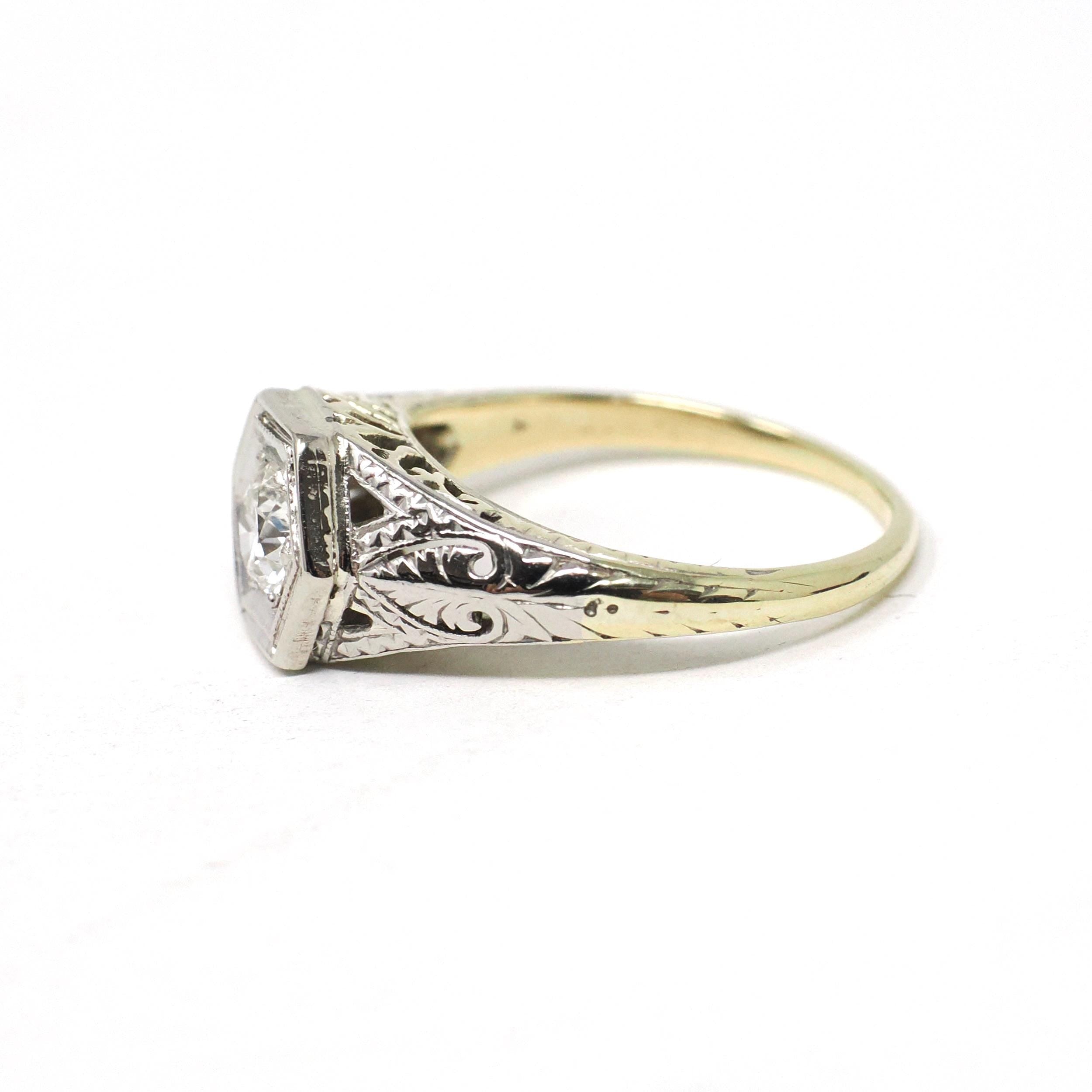 Art Deco Diamond Ring - Antique 14k Yellow White & Yellow Gold .25 CT Old Euro Hex Filigree Solitaire - Circa 1930s Size 3 3/4 Fine Jewelry