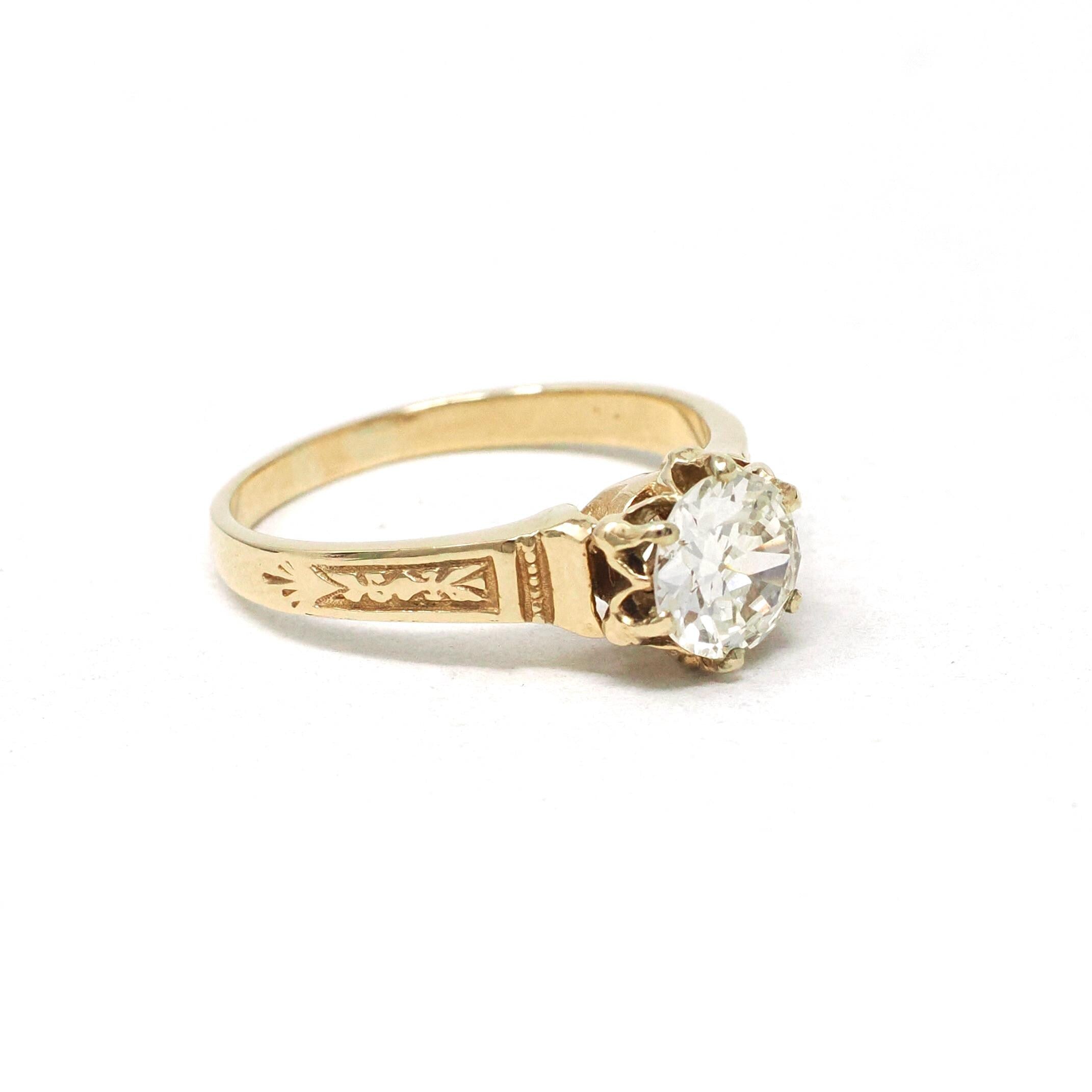 Diamond Engagement Ring - Vintage 14k Yellow Gold .88 CT Old European Cut Solitaire - Victorian Revival Style Size 7 Fine Bridal Jewelry