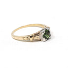 Vintage Tourmaline Ring - Mid Century Era 14k Yellow White Gold Natural Green Gem Engagement - Circa 1940s Size 6 3/4 Fine Two Tone Jewelry
