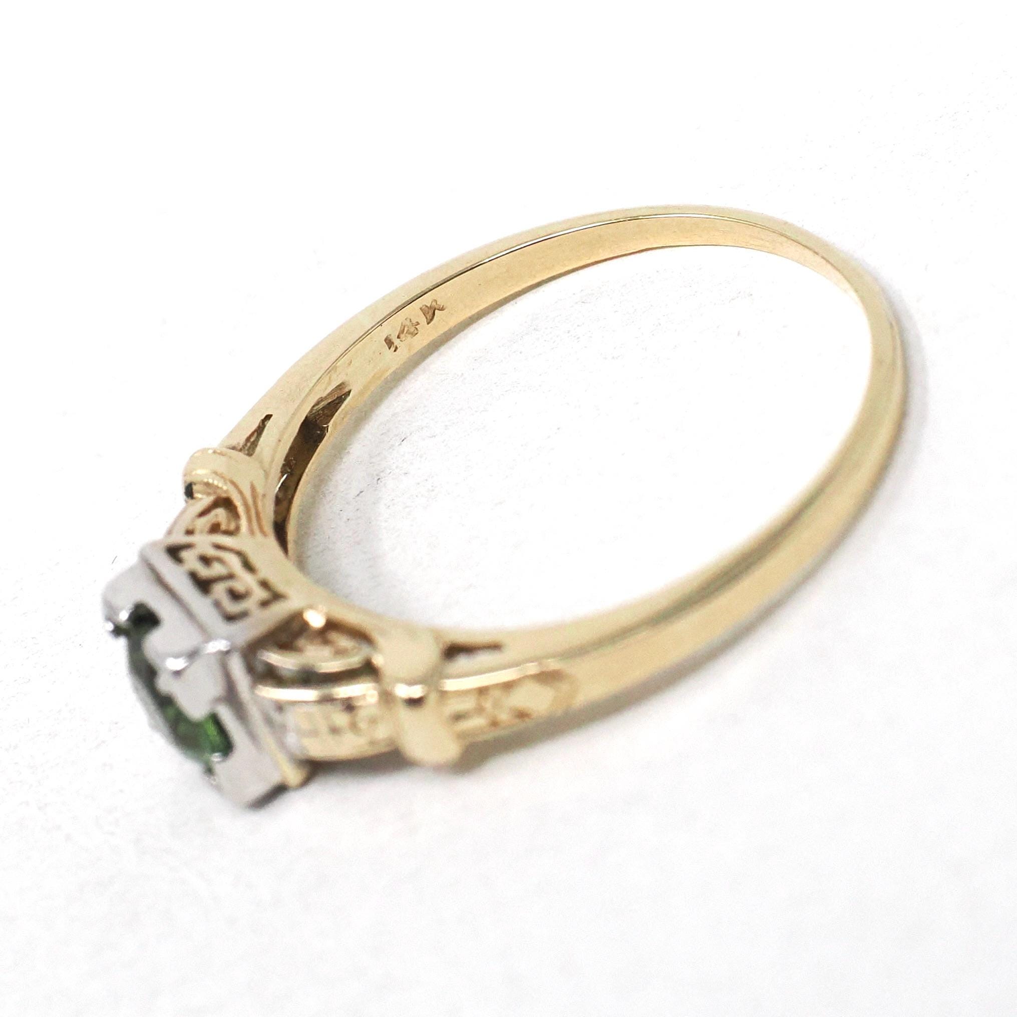 Vintage Tourmaline Ring - Mid Century Era 14k Yellow White Gold Natural Green Gem Engagement - Circa 1940s Size 6 3/4 Fine Two Tone Jewelry