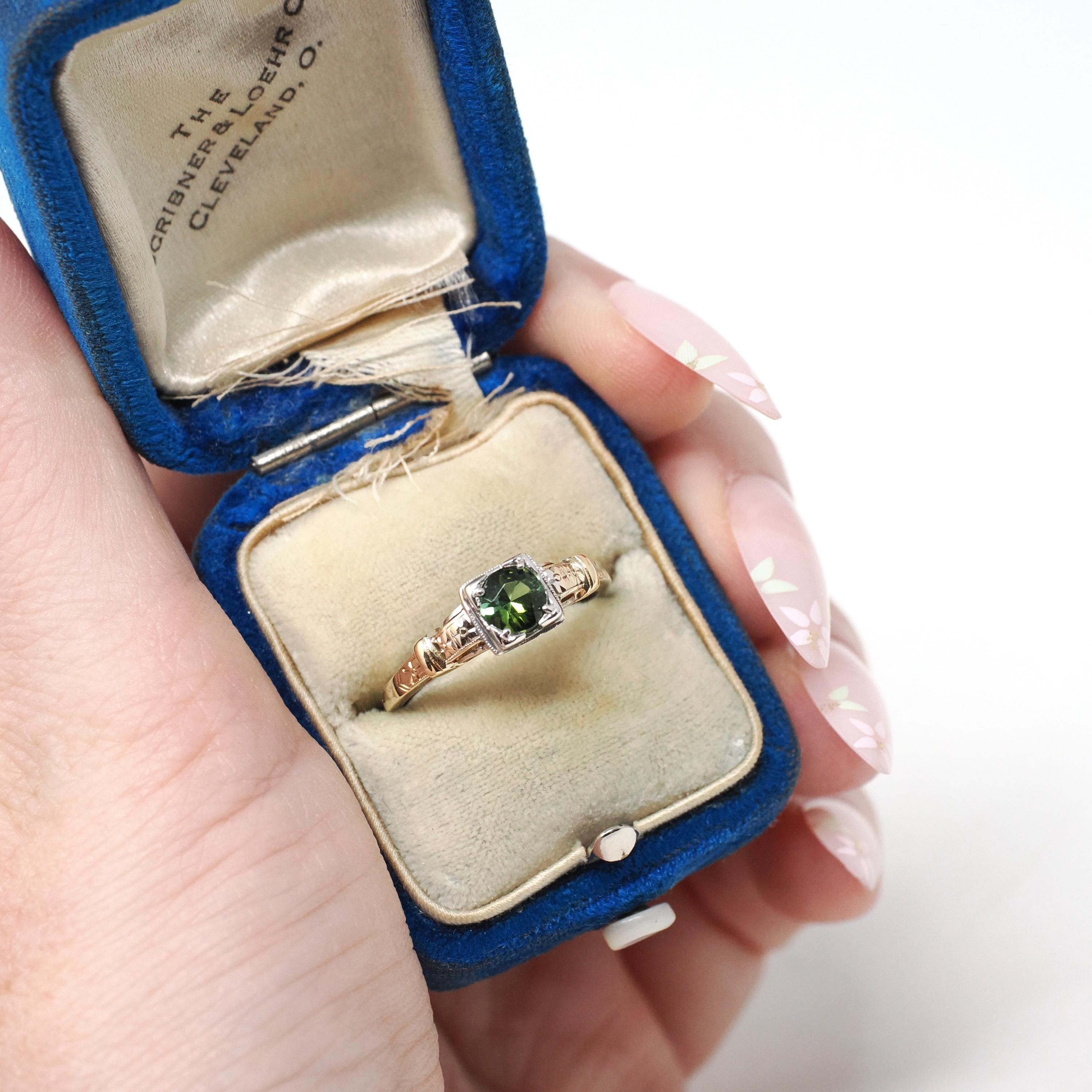 Vintage Tourmaline Ring - Mid Century Era 14k Yellow White Gold Natural Green Gem Engagement - Circa 1940s Size 6 3/4 Fine Two Tone Jewelry