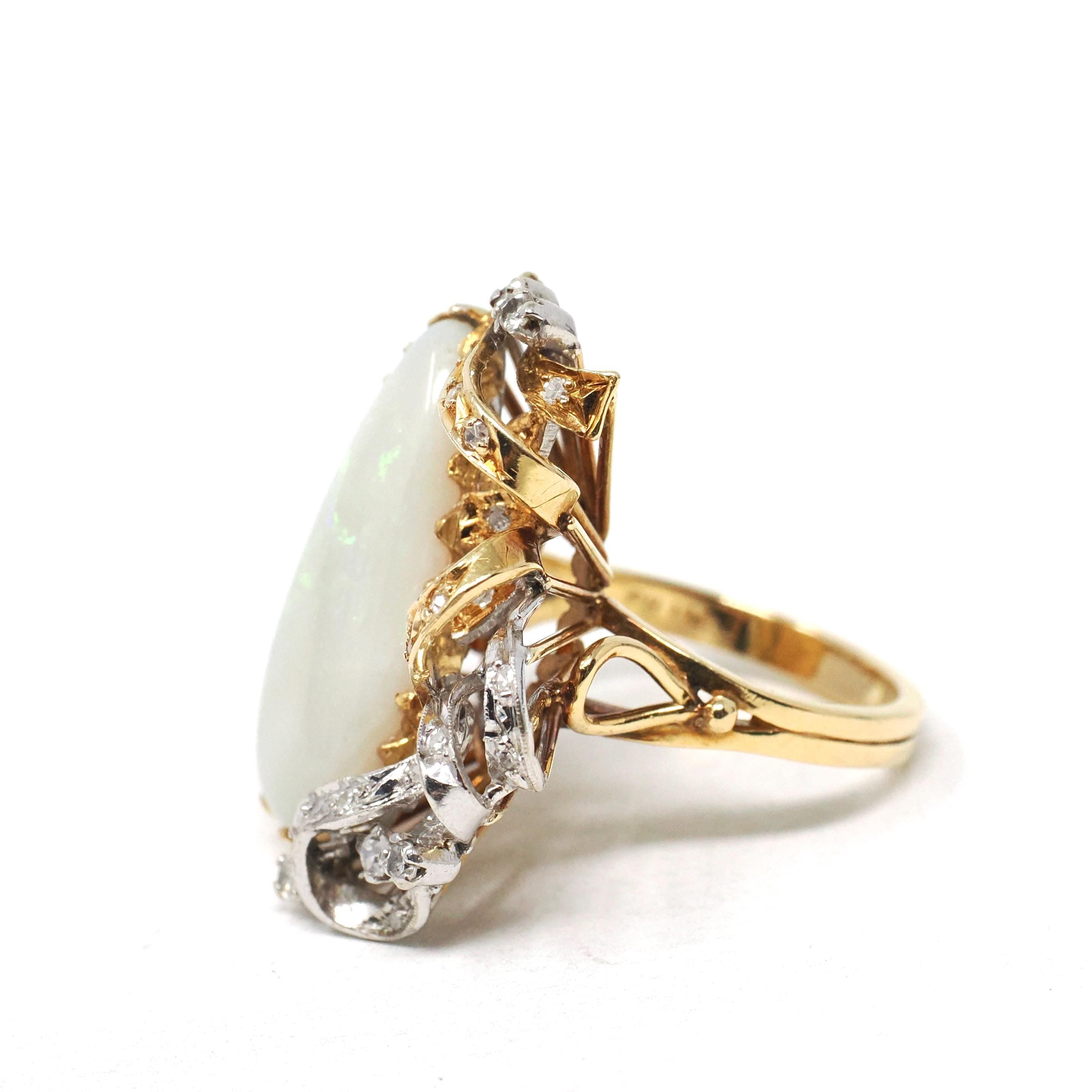 Vintage Opal & Diamond Ring - Retro Era 18k Yellow White Gold Gem Cocktail .23 CTW Accents - Circa 1970s Size 7 Two Tone Ribbon Fine Jewelry