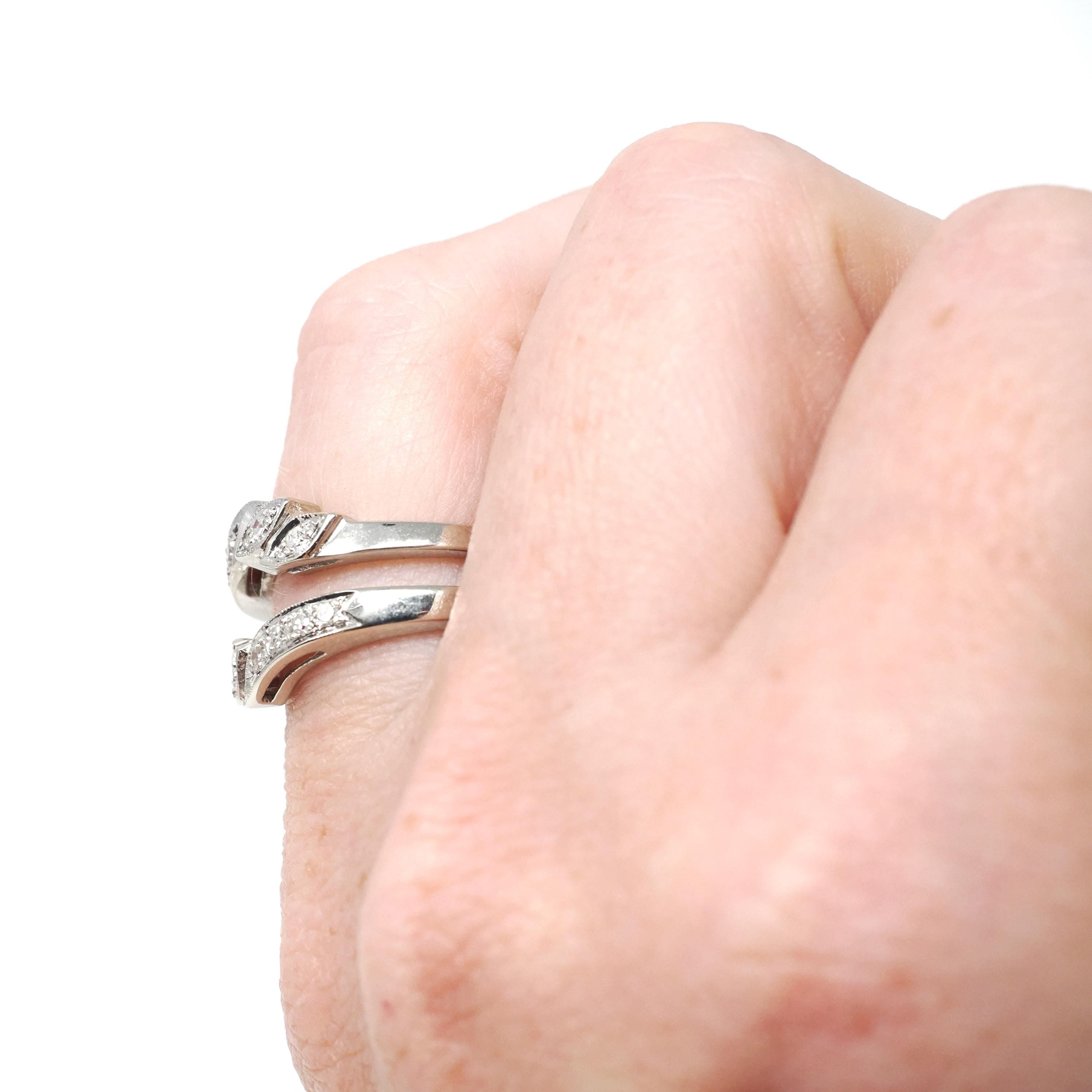 Diamond Insert Ring - Mid Century 14k White Gold .17 CTW Bridal Jacket - Vintage Circa 1960s Era Size 5 Enhancer Wrap Wedding Fine Jewelry
