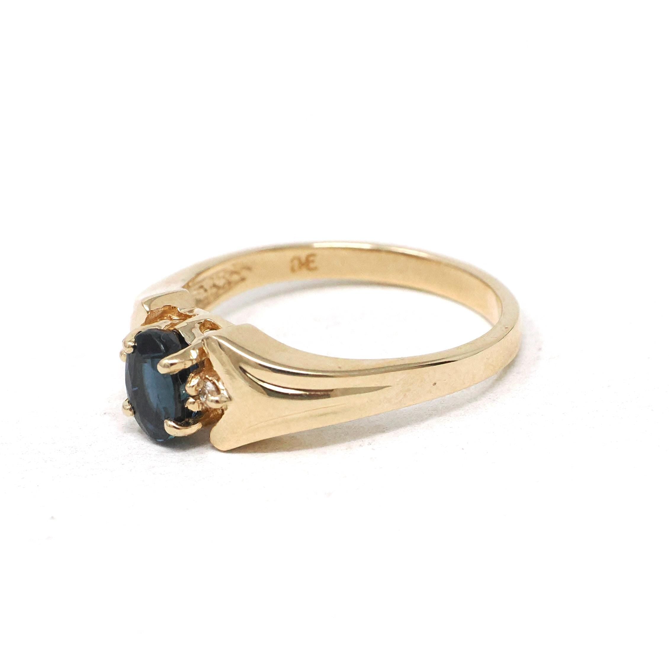 Modern Sapphire Ring - Vintage 14k Yellow Gold Natural Blue Gem & Diamond Accents - Estate Circa 1990s Era Size 6.75 Fine Statement Jewelry