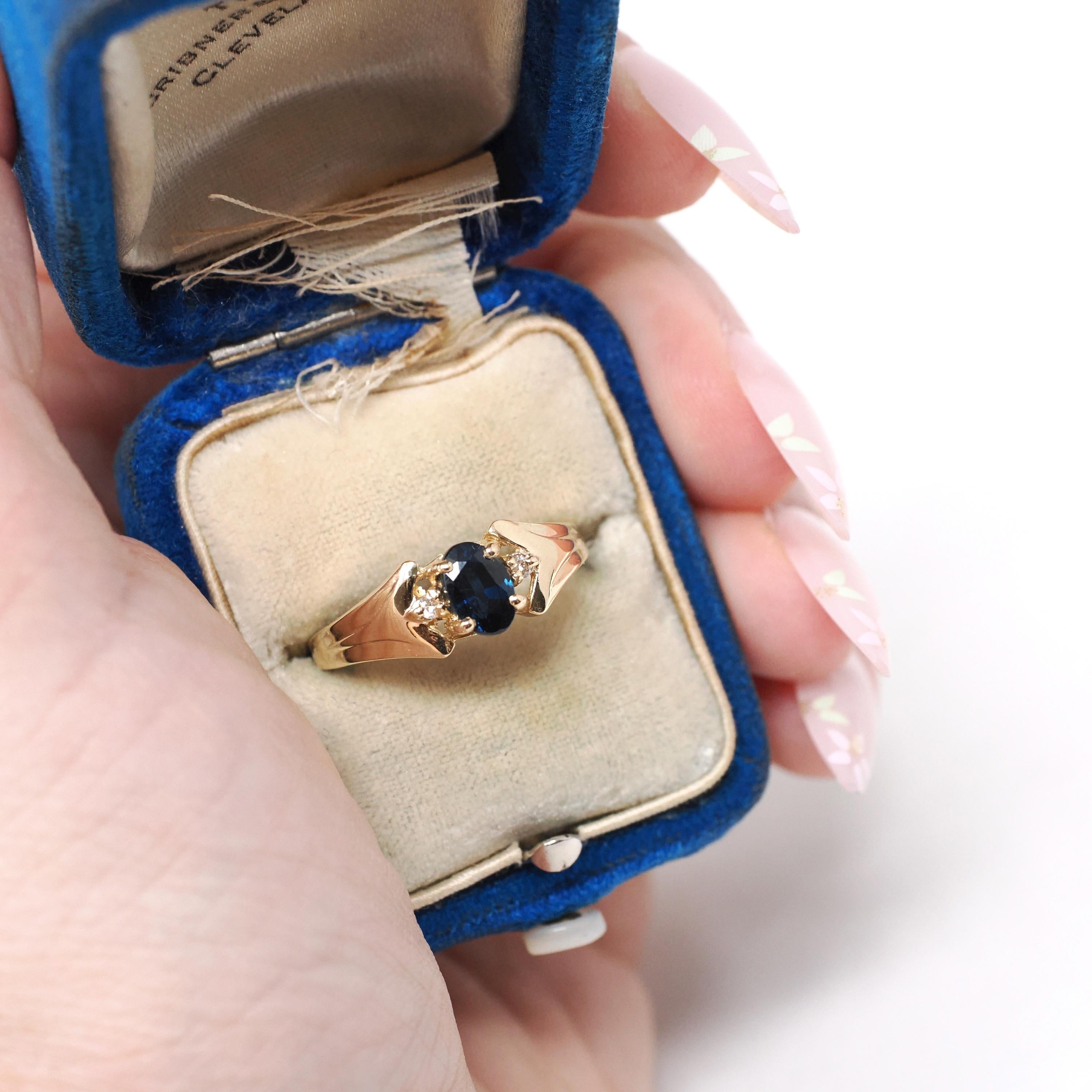 Modern Sapphire Ring - Vintage 14k Yellow Gold Natural Blue Gem & Diamond Accents - Estate Circa 1990s Era Size 6.75 Fine Statement Jewelry