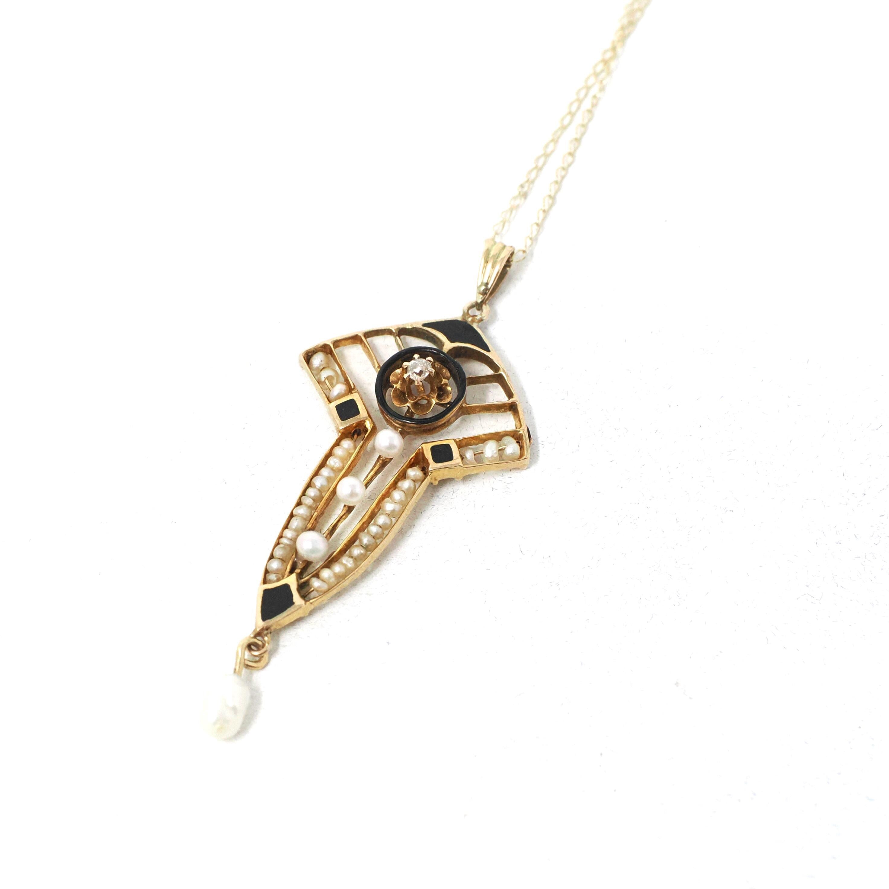 Edwardian Lavalier Pendant - Antique 10k Gold .02 CT Natural Diamond Black Enamel Charm Necklace - Circa 1910s Era Seed Pearl Fine Jewelry