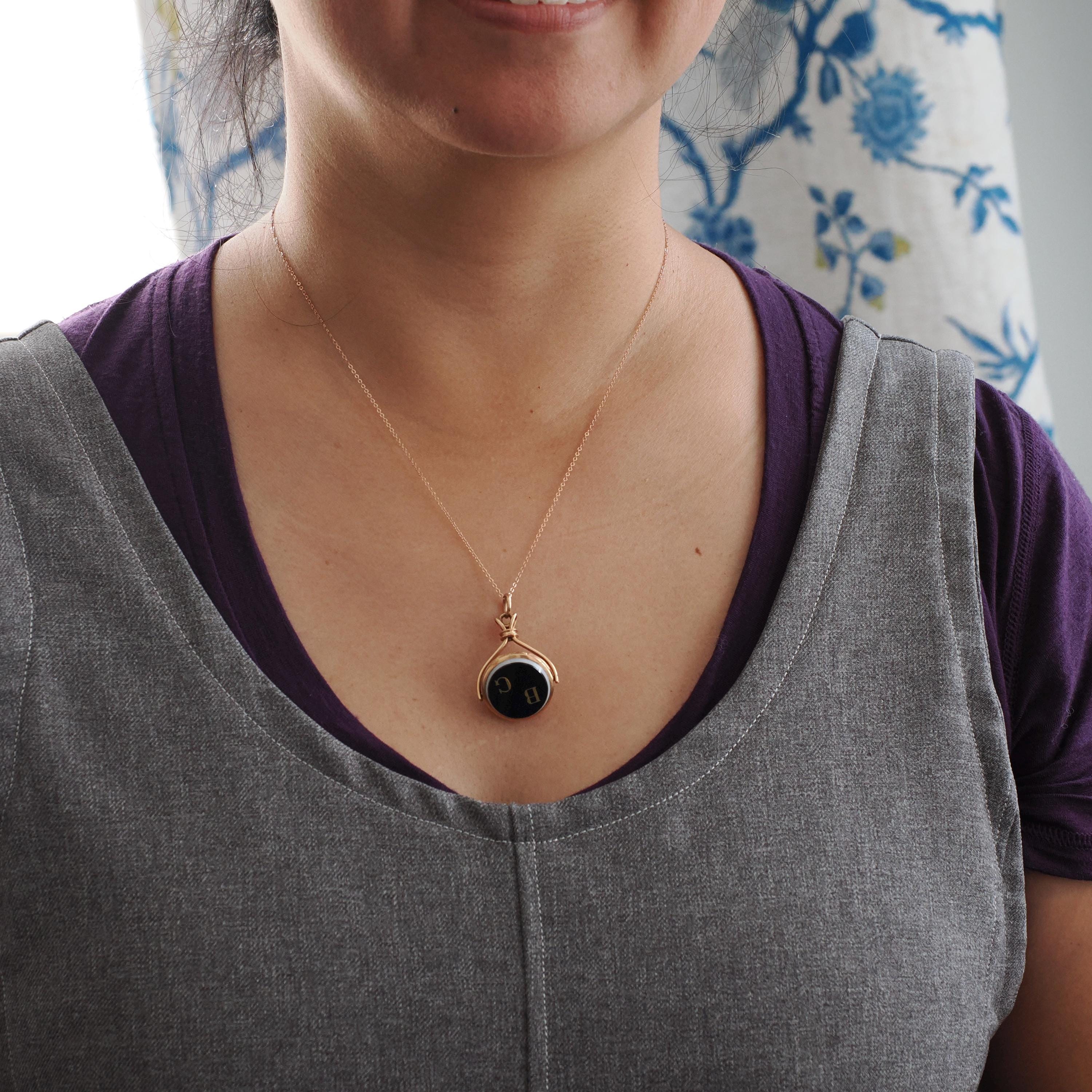 Antique Spinner Locket - Victorian 10k Rose Gold Sardonyx & Onyx Engraved Initial "BG" Gem Fob Necklace - Circa 1890s Statement Fine Jewelry