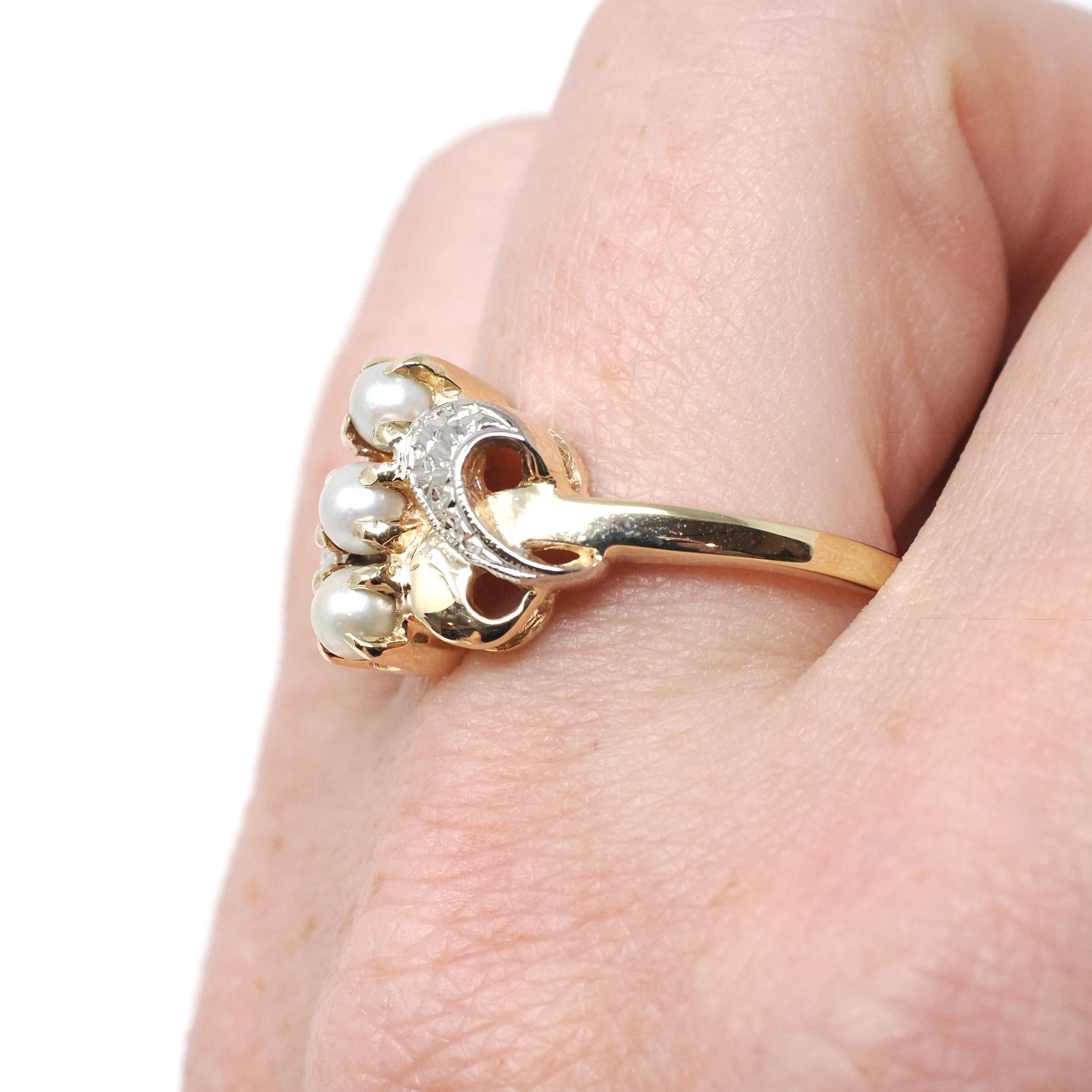 Pearl Bypass Ring - Mid Century 10k Two Tone Gold 3.5 MM Organic Cultured Gems - Vintage Circa 1960s Era Size 8.5 Fine Statement Jewelry