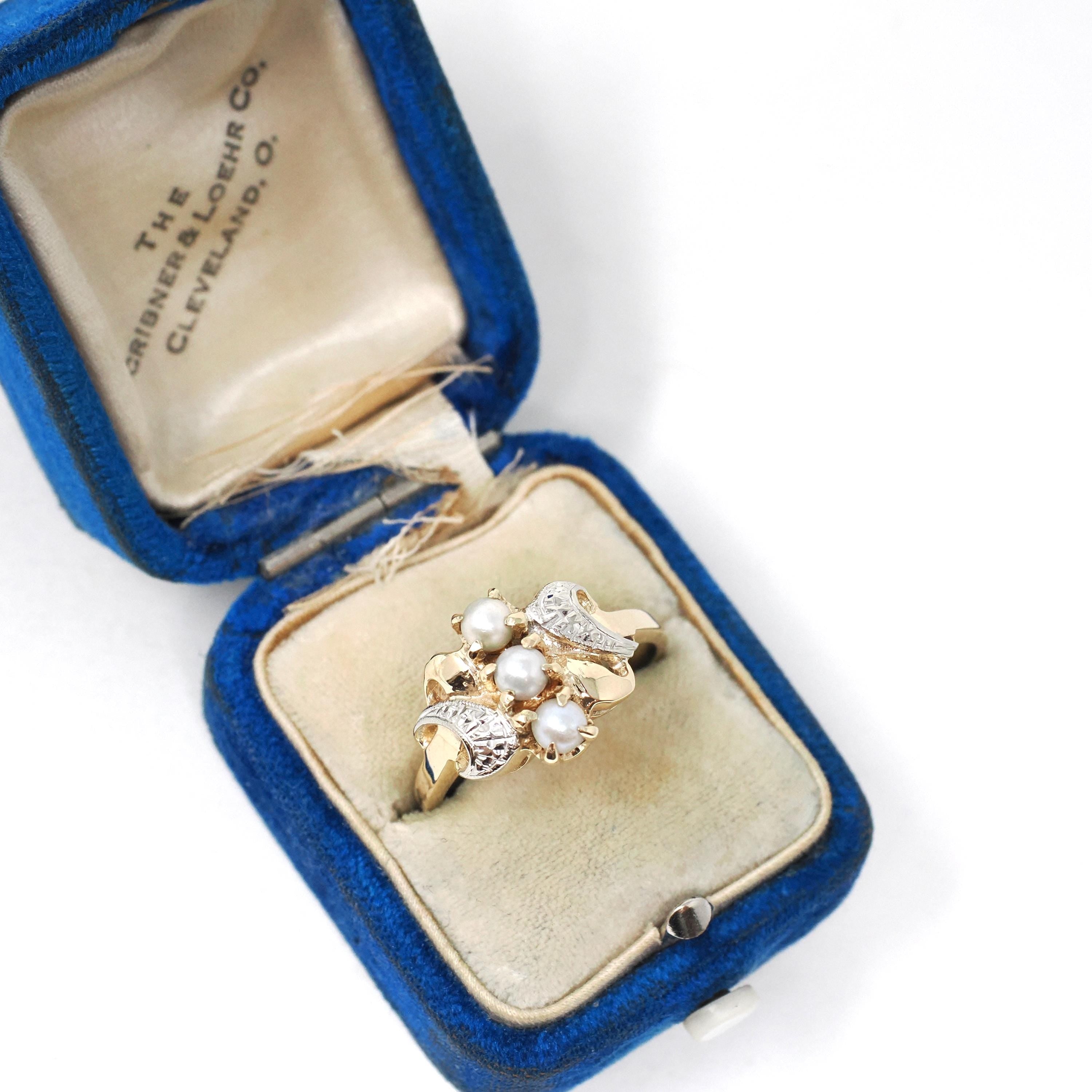 Pearl Bypass Ring - Mid Century 10k Two Tone Gold 3.5 MM Organic Cultured Gems - Vintage Circa 1960s Era Size 8.5 Fine Statement Jewelry