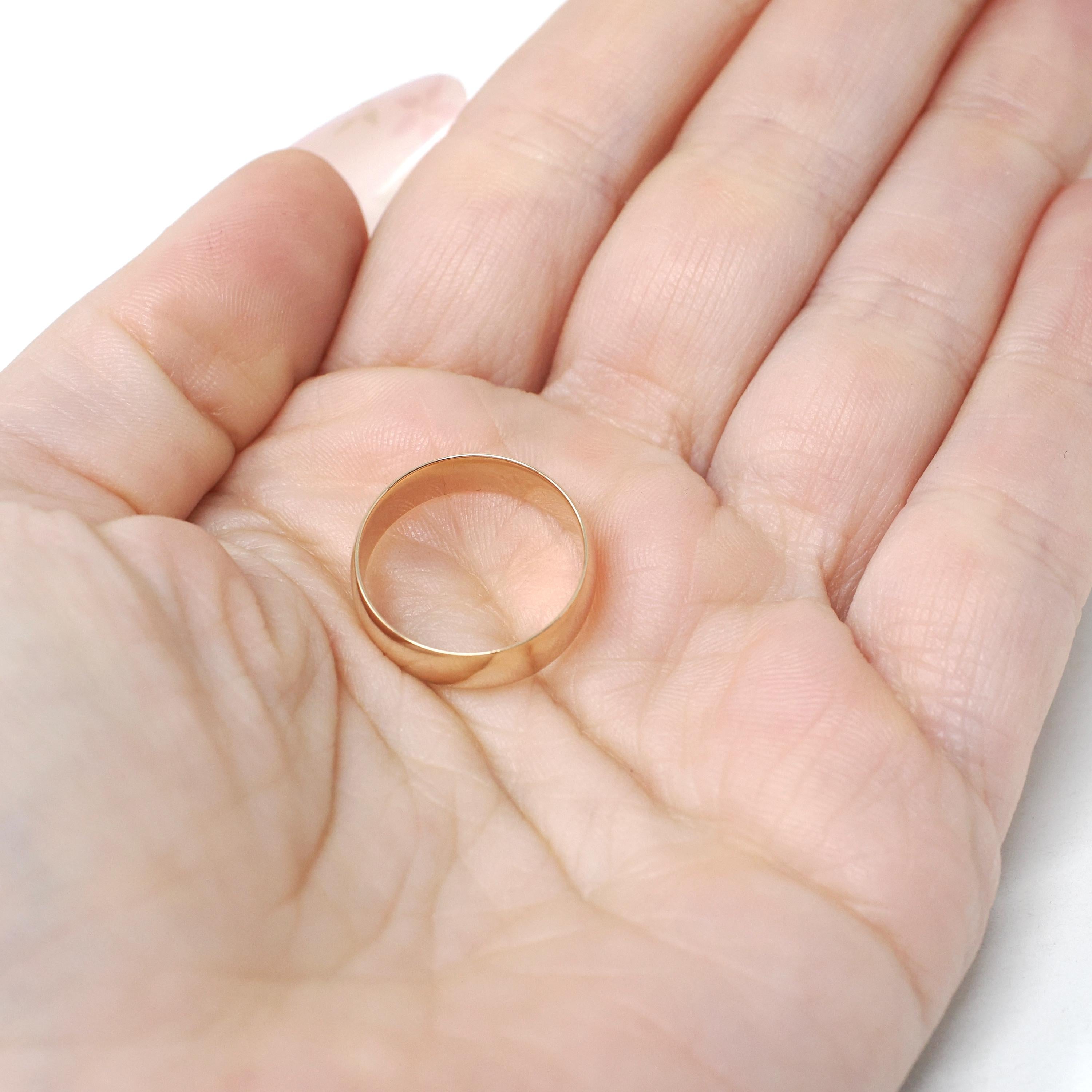Vintage Wedding Band - Mid Century 14k Rosy Yellow Gold Plain Comfort Fit 5.2 MM Ring - Circa 1960s Size 5 Art Carved J.R. Wood Fine Jewelry