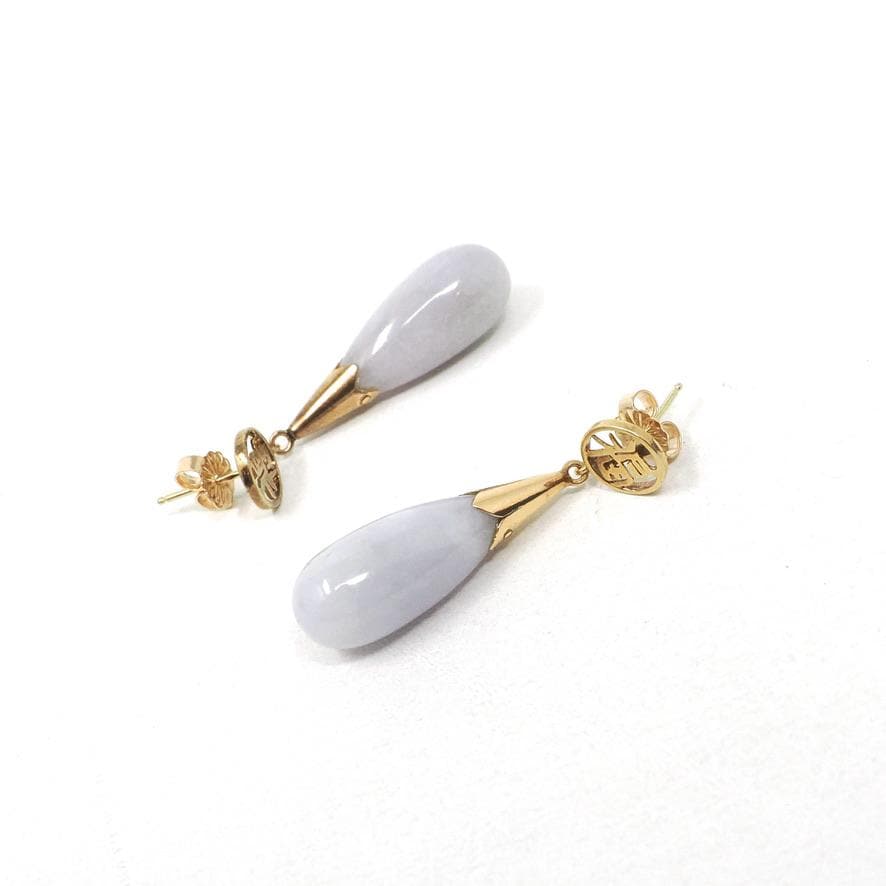 Jadeite Drop Earrings - 14k Yellow Gold Natural Teardrop Gemstones - Lavender Jade Circa 80s Era Pierced Friction Post Fu Luck Fine Jewelry