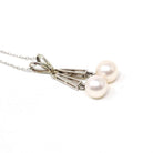 Mid Century Necklace - Vintage 10k White Gold Cultured Pearl & .22 CTW Diamond Pendant - Circa 1950s Era Two Stone Fringe Fine Jewelry