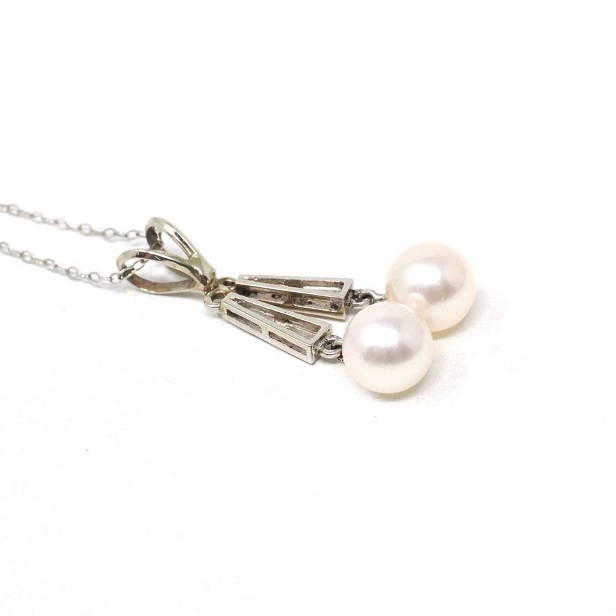 Mid Century Necklace - Vintage 10k White Gold Cultured Pearl & .22 CTW Diamond Pendant - Circa 1950s Era Two Stone Fringe Fine Jewelry
