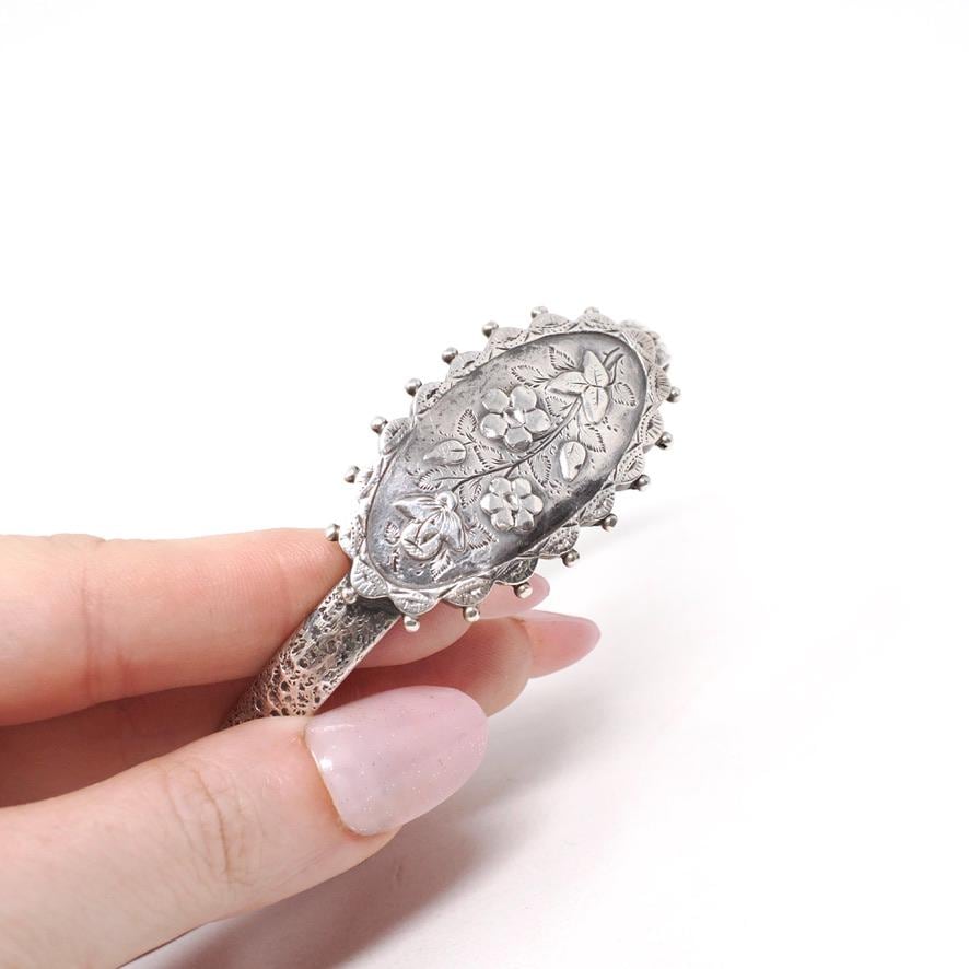 Antique Flower Bracelet - Mid Century Sterling Silver Hammered Bangle - Circa 1890s Era Converted Floral Plate ID Style Fashion Jewelry