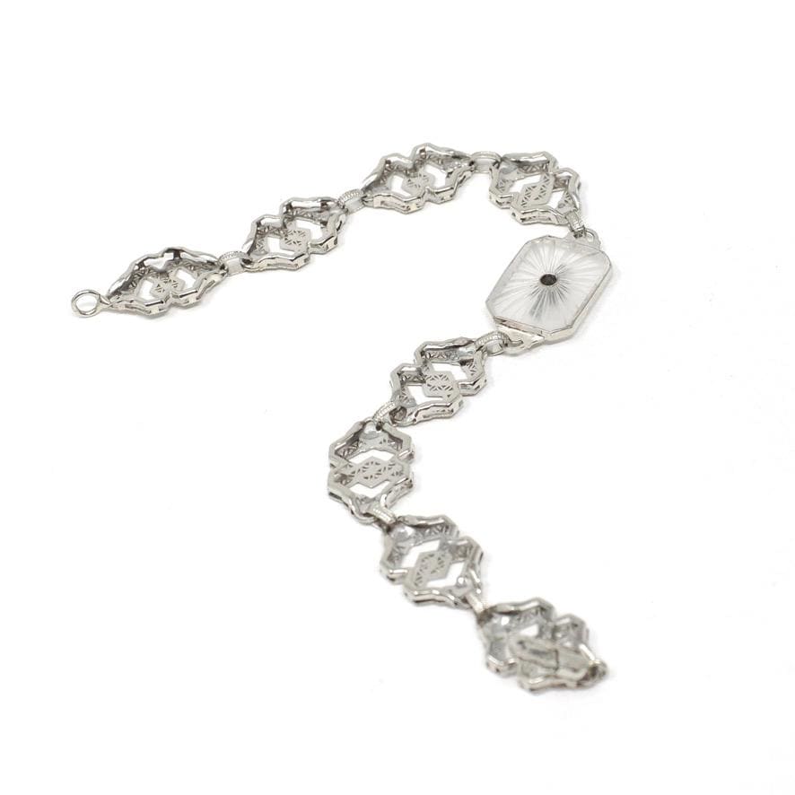 Rock Crystal Quartz Bracelet - Art Deco 10k White Gold Natural Diamond & Camphor Glass Style Statement - Vintage 1930s Filigree Fine Jewelry