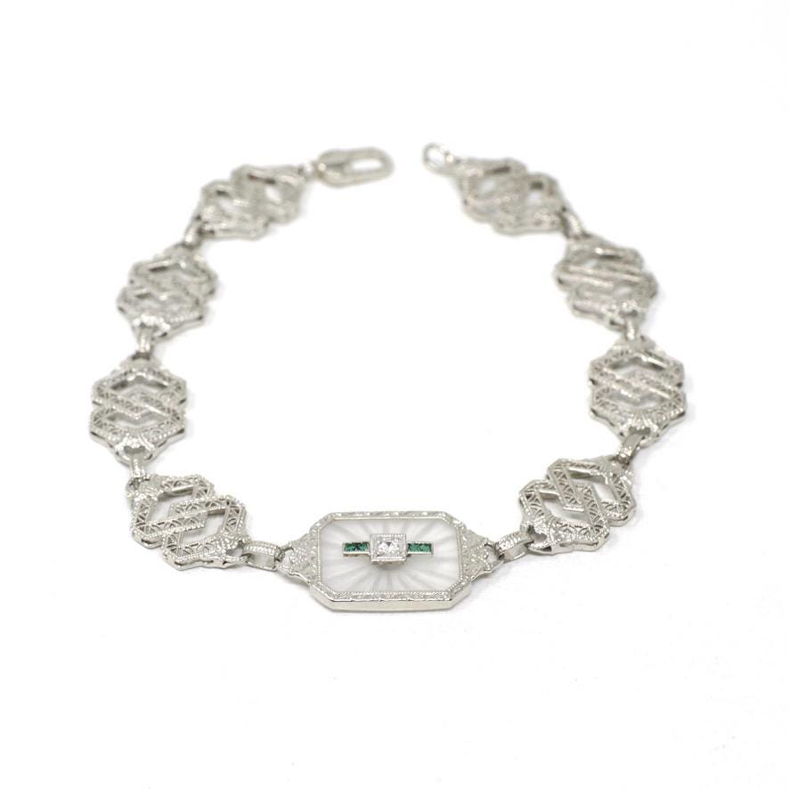 Rock Crystal Quartz Bracelet - Art Deco 10k White Gold Natural Diamond & Camphor Glass Style Statement - Vintage 1930s Filigree Fine Jewelry