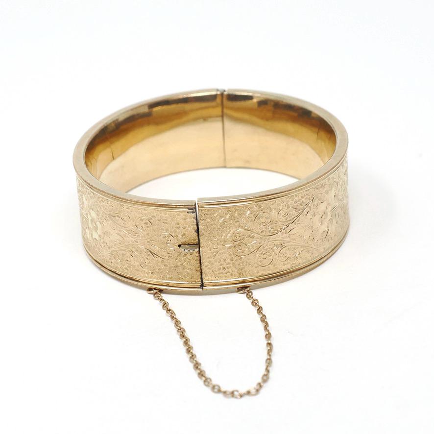 Vintage Flower Bangle - Retro 12k Gold Filled Engraved Floral Designs Wide Hinged Bracelet - Circa 1940s Era Statement Signed Winard Jewelry