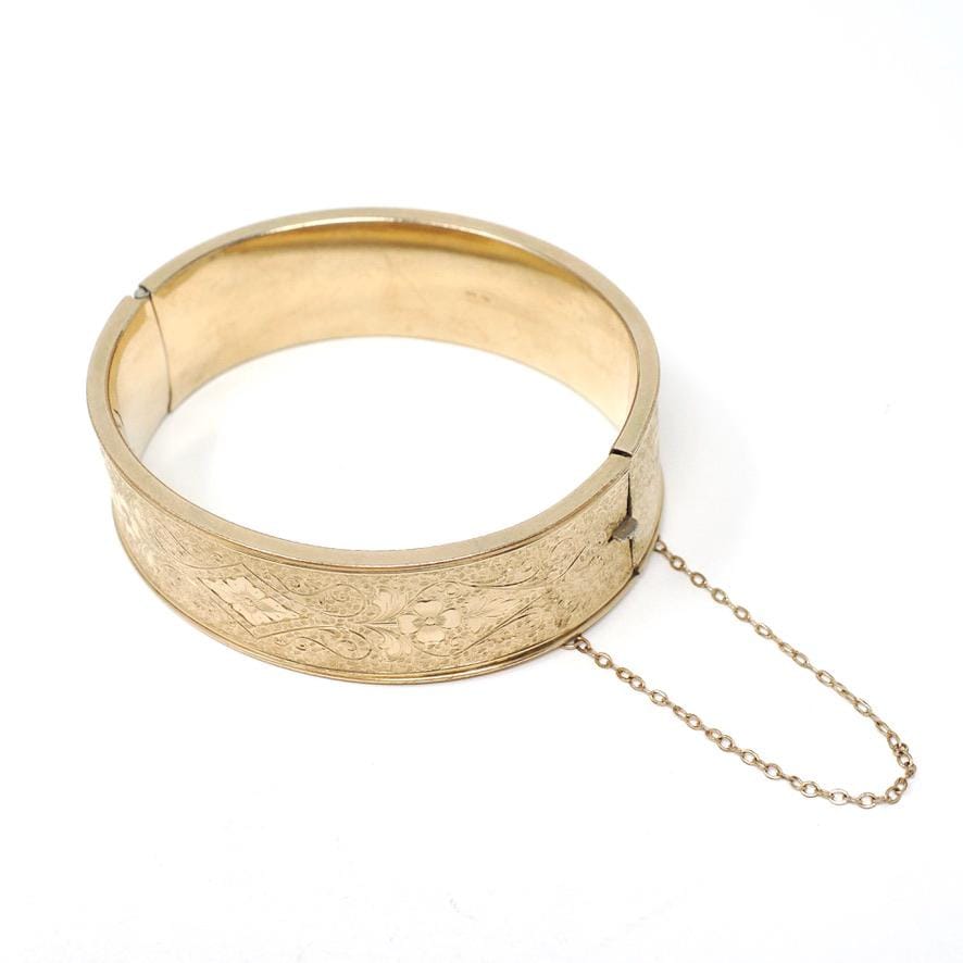 Vintage Flower Bangle - Retro 12k Gold Filled Engraved Floral Designs Wide Hinged Bracelet - Circa 1940s Era Statement Signed Winard Jewelry