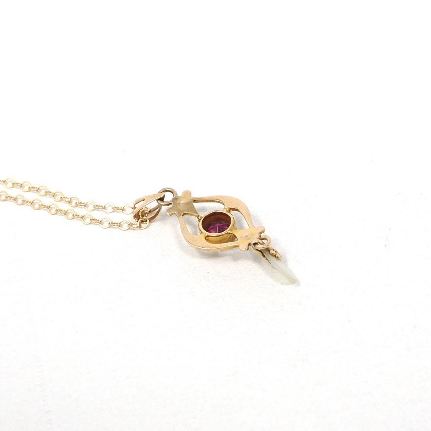 Antique Lavalier Necklace - Edwardian 10k Yellow Gold Red Purple Glass Stone & Seed Pearls Pendant - Circa 1910s Era Ostby Barton OB Jewelry