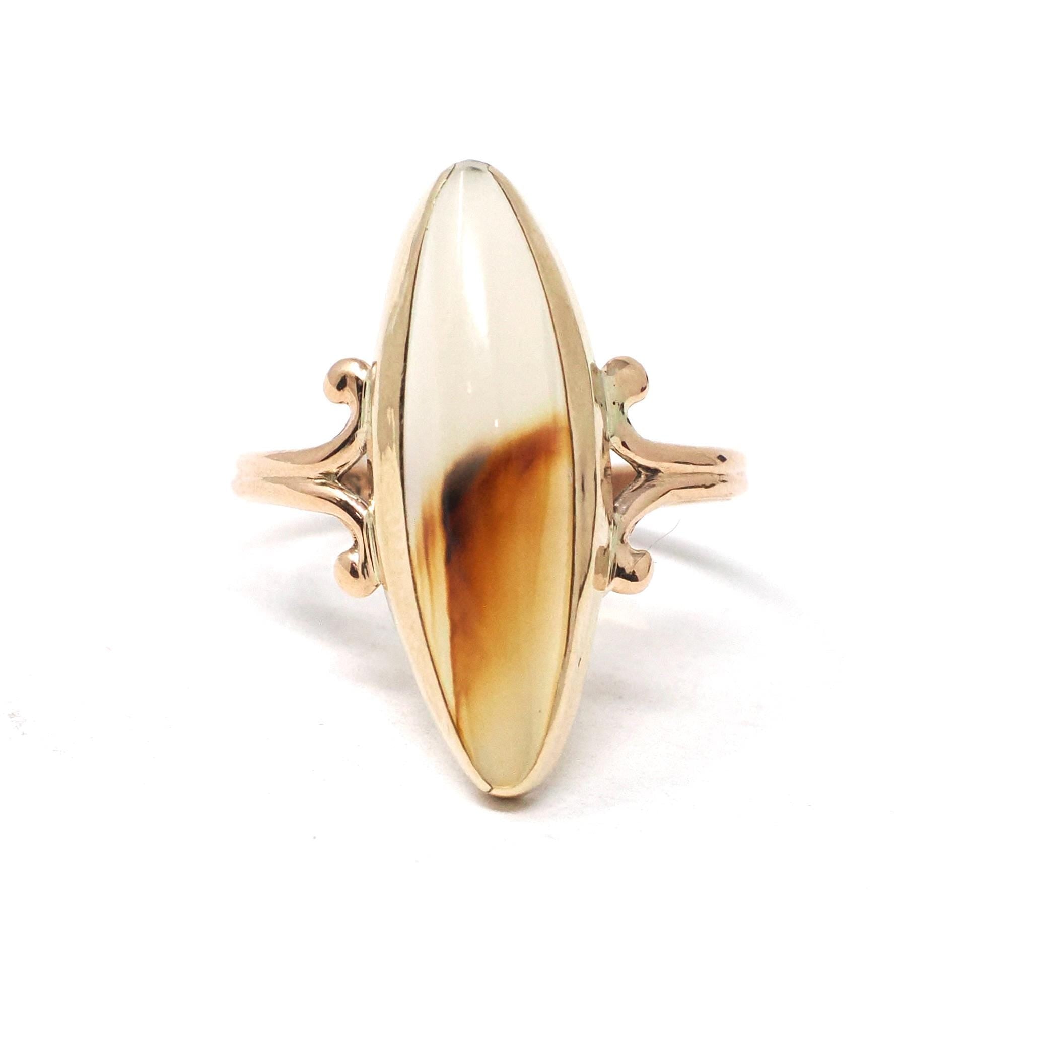 Vintage Agate Ring - Retro 10k Yellow Gold Marquise Cabochon Cut Banded Gemstone - Circa 1940s Size 7 Navette Style Fine Statement Jewelry
